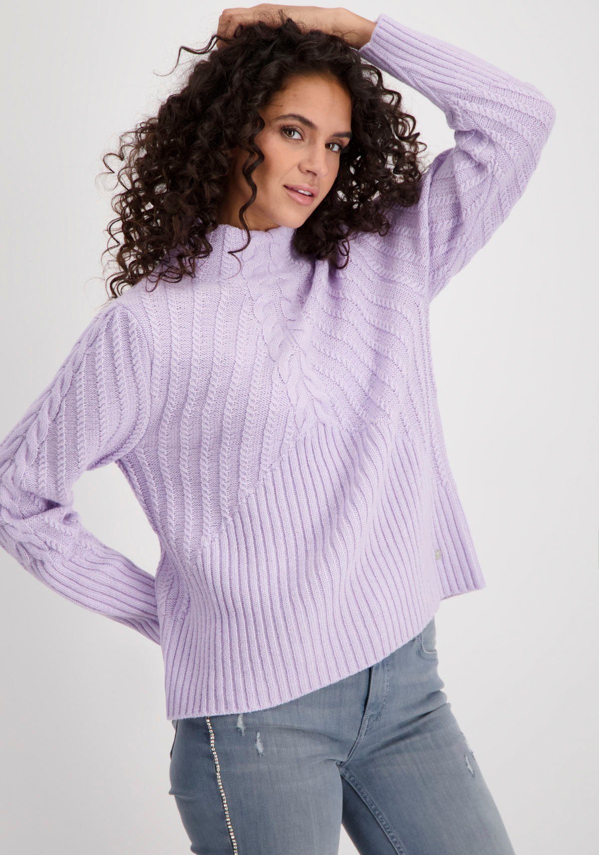 Monari Stehkragenpullover Pullover Zopfmix mit Zopfmuster und Rippstruktur lightpurple | 