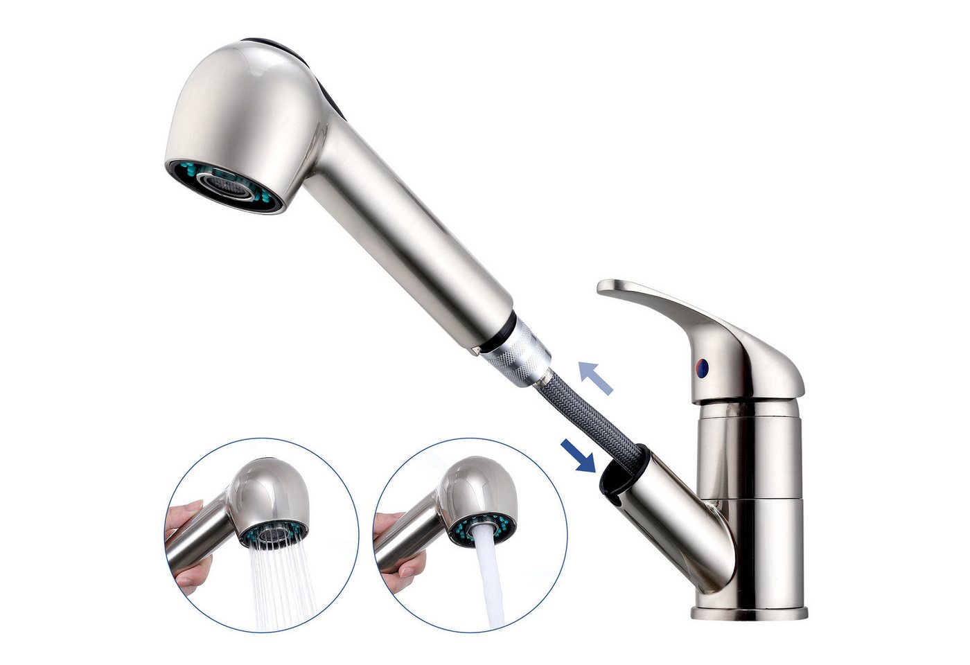 HOMELODY Spültischarmatur Hochdruck Wasserhahn Küche 180° Küchenarmatur mit Ausziehbarer Mischbatterie mit Dual-Spülbrause Gebürstet
