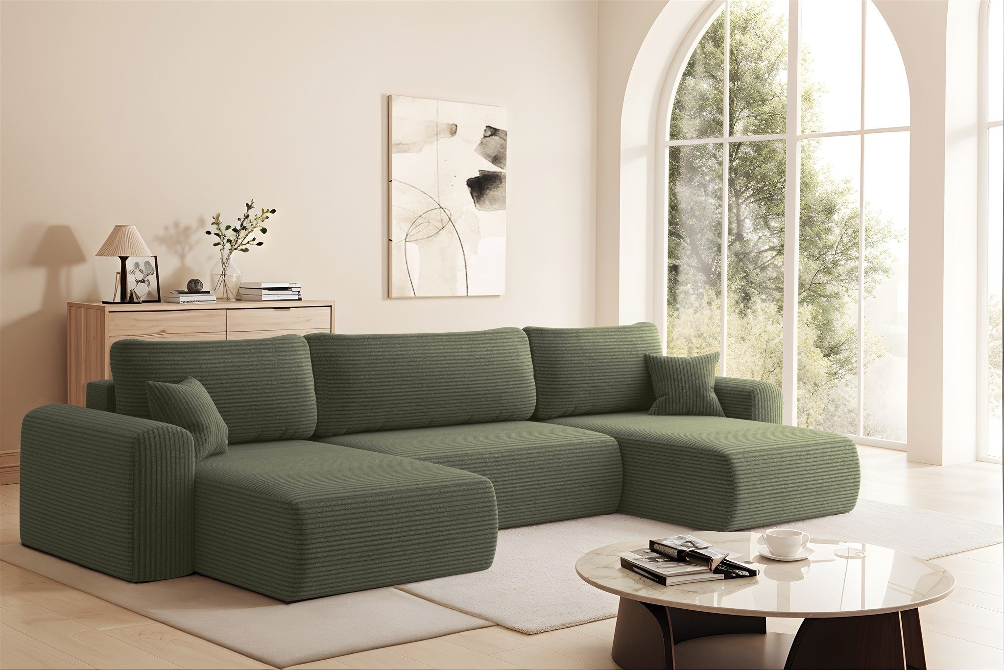 Fun Möbel Wohnlandschaft Sofa FUN TIERNO mit Schlaffunktion in Stoff, inkl. Bettkasten und 2 x Zierkissen, inklusive Bettkasten