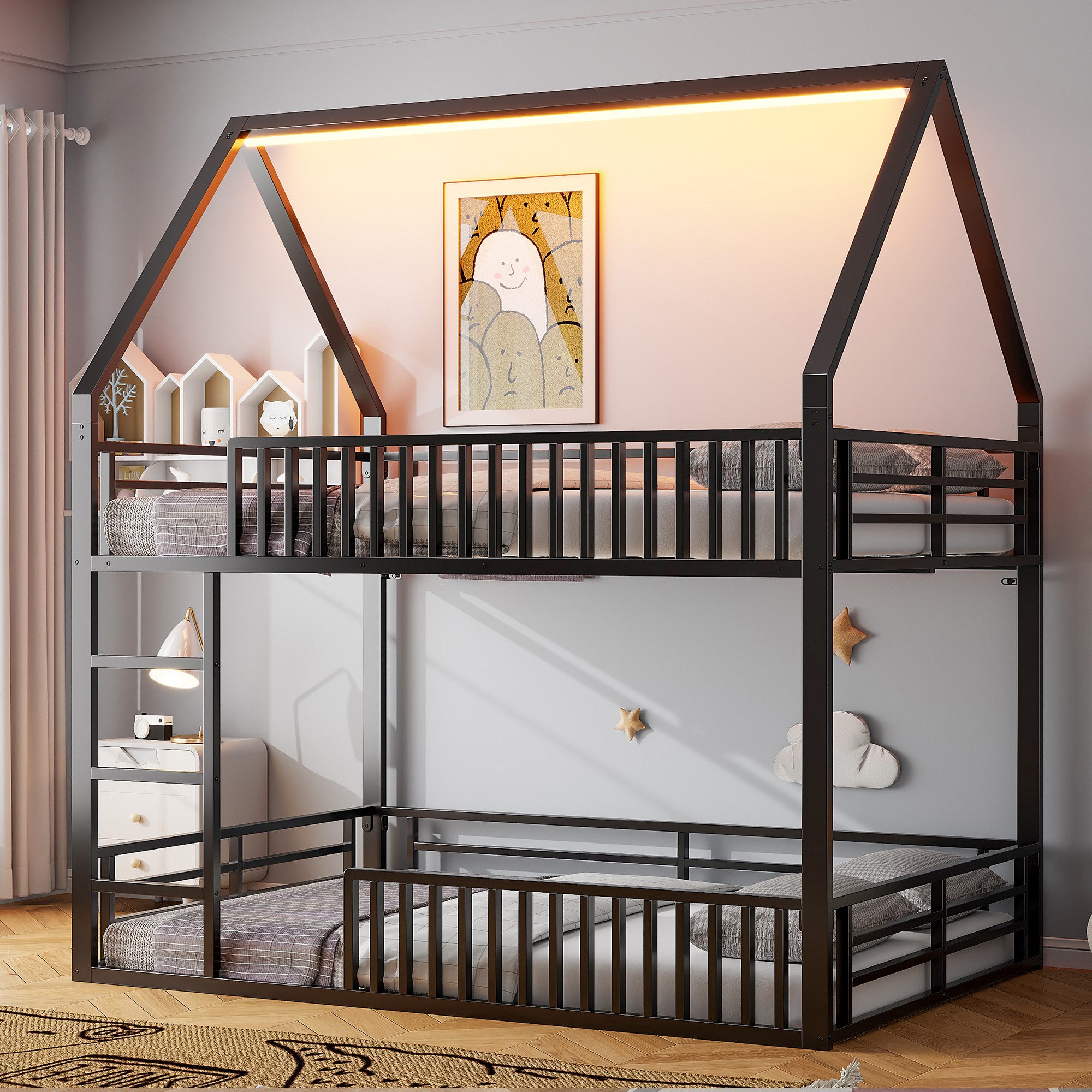 REDOM Etagenbett Kinderbett,Gästebett (Haus-Etagenbett mit LED-Licht & Zaunstil-Geländer, 1-St., 140x200 cm)