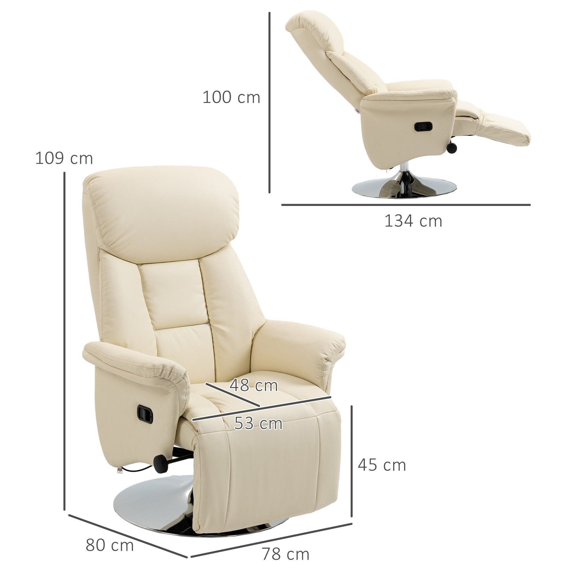 HOMCOM Relaxsessel Fernsehsessel mit Liegefunktion, drehbar, gepolstert, Ruhesessel (Gepolstert Ruhesessel, 1-St., Drehbarer TV-Sessel), bis 150 kg Belastbar, Kunstleder, für Wohnzimmer Cremeweiß