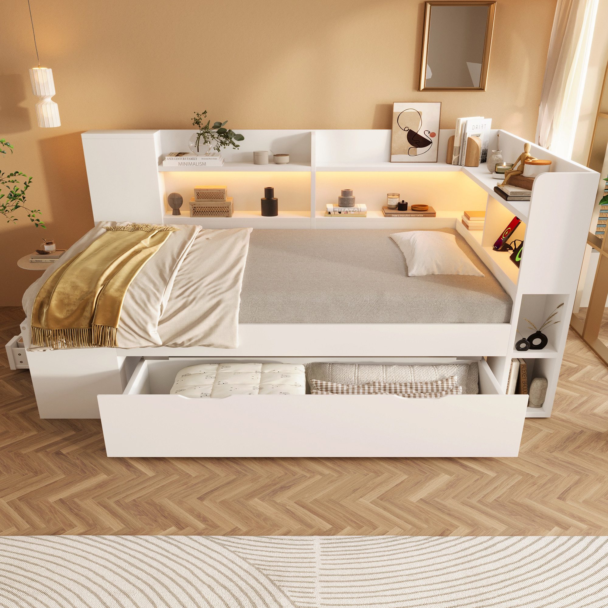 Flieks Daybett, Holzbett 90x200cm mit USB&Typ-C, LED, Stauraumregal und Schublade