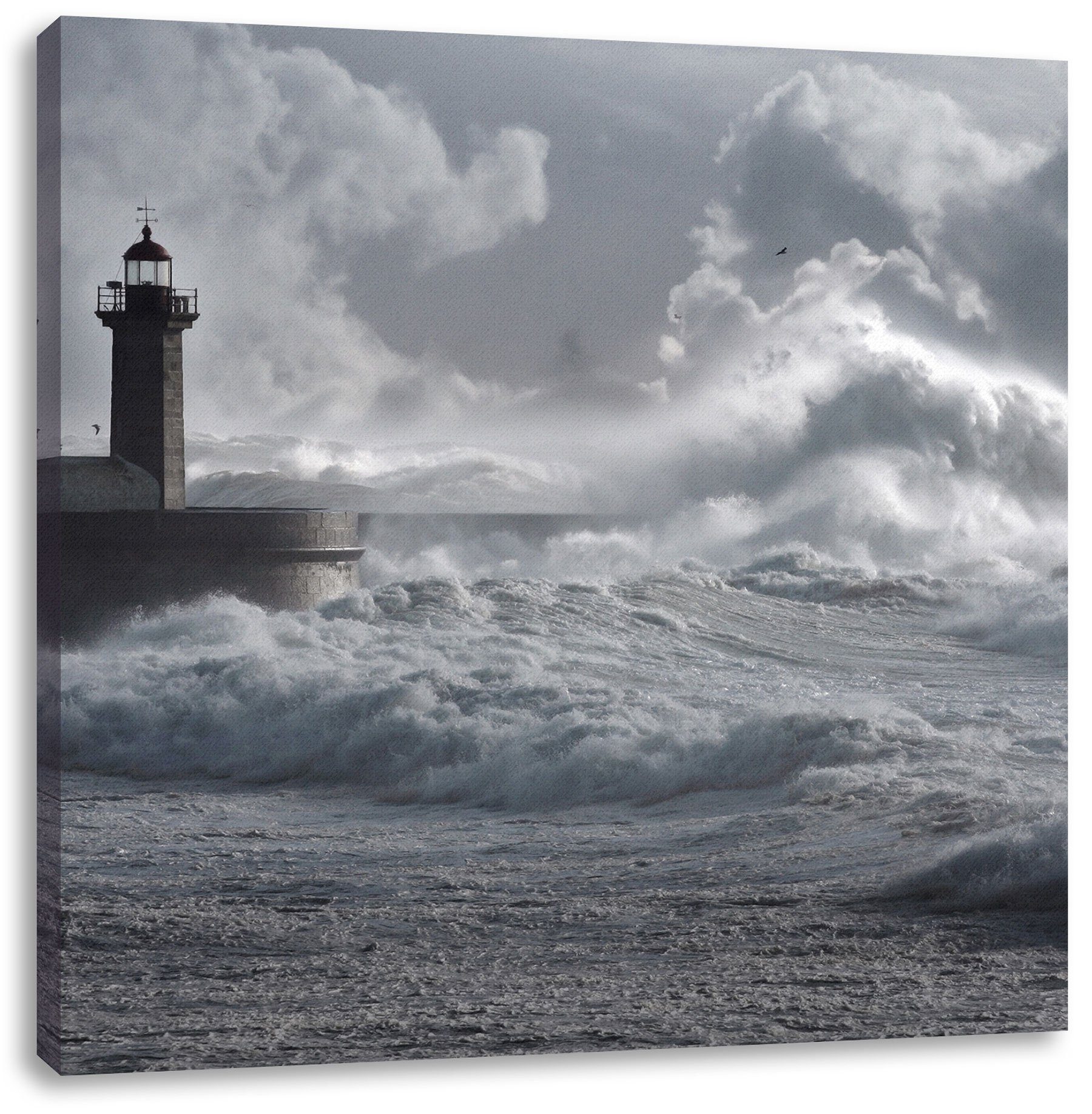 Portugal Portugal, inkl. Sturmwellen Pixxprint Zackenaufhänger Leinwandbild bespannt, (1 Sturmwellen Leuchtturm Leuchtturm fertig St), Leinwandbild