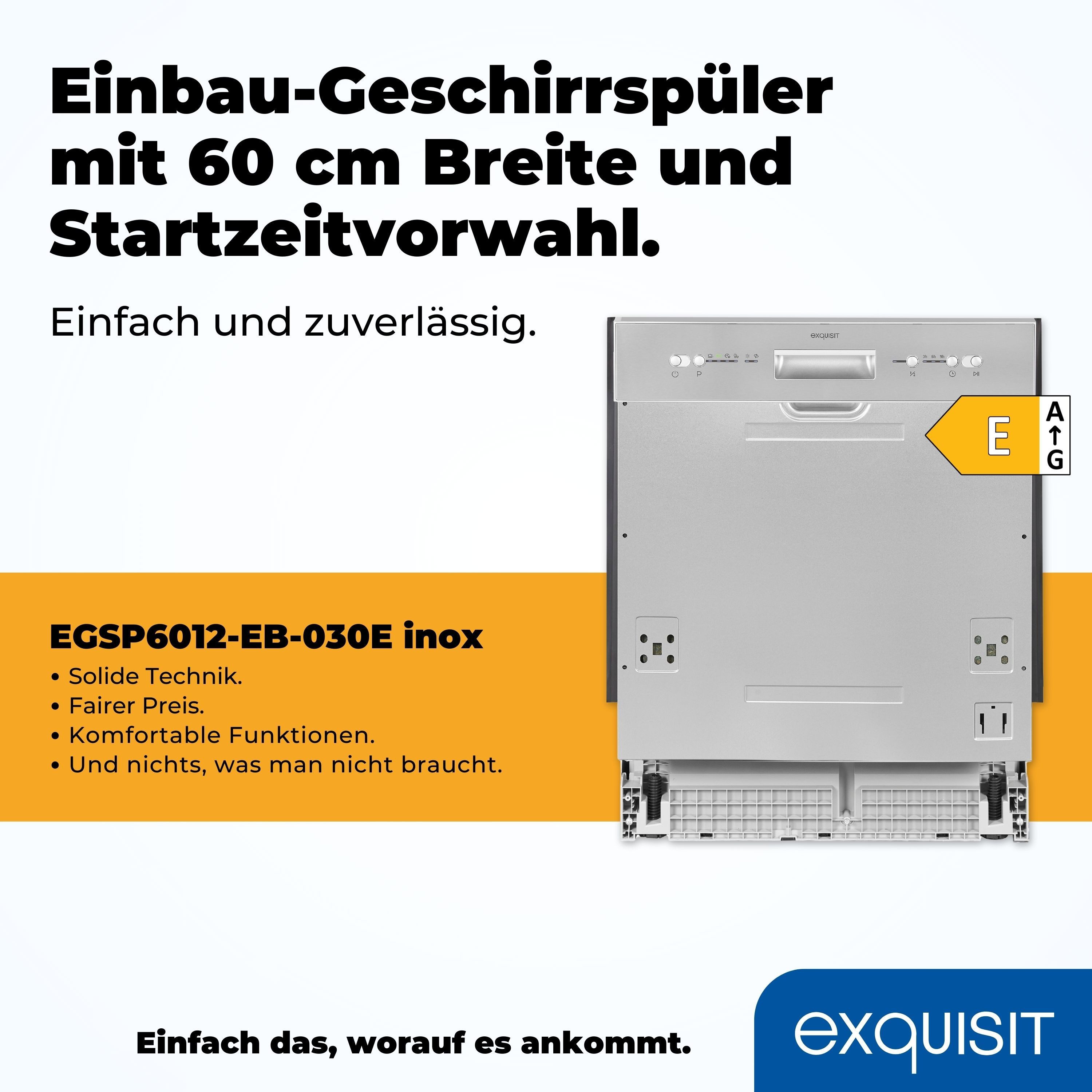exquisit teilintegrierbarer Geschirrspüler EGSP6012-EB-030E inox, 12 Maßgedecke, Teilintegriert, 12 Maßgedecke – effizient mit 4 Programmen & Timer