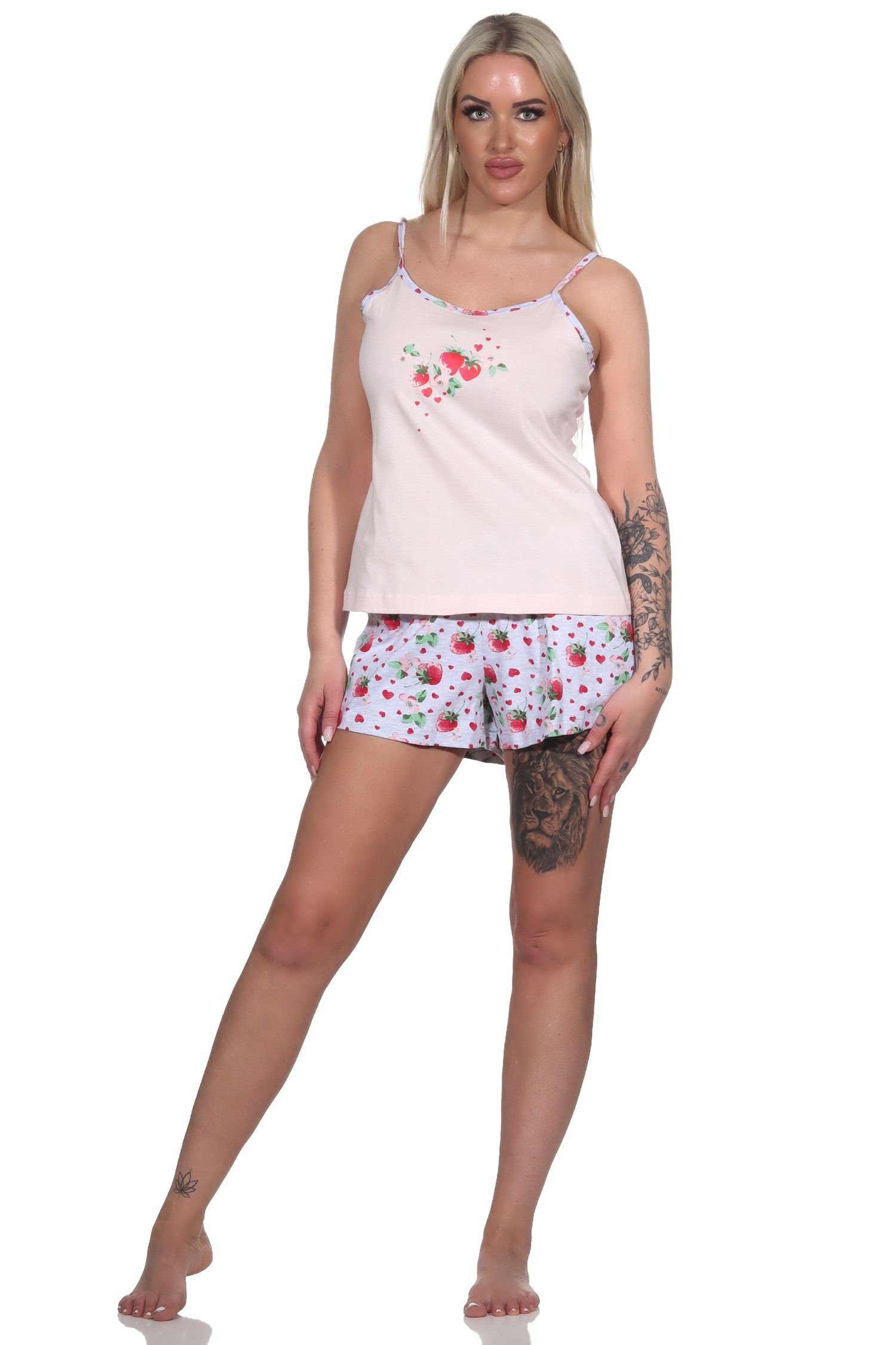 Pyjama Damen mit ärmelloser Normann Spaghetti-Trägern rosa Süsser Schlafanzug Shorty