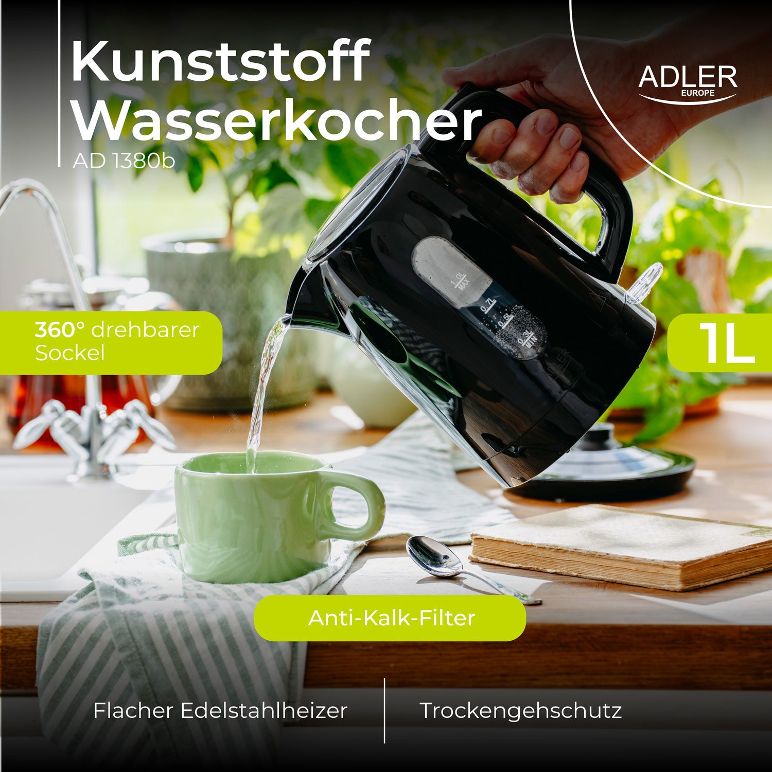 Adler Wasserkocher Adler AD 1380b Wasserkocher Kunstoff 1,0 l Schwarz – Bild 5 von 5