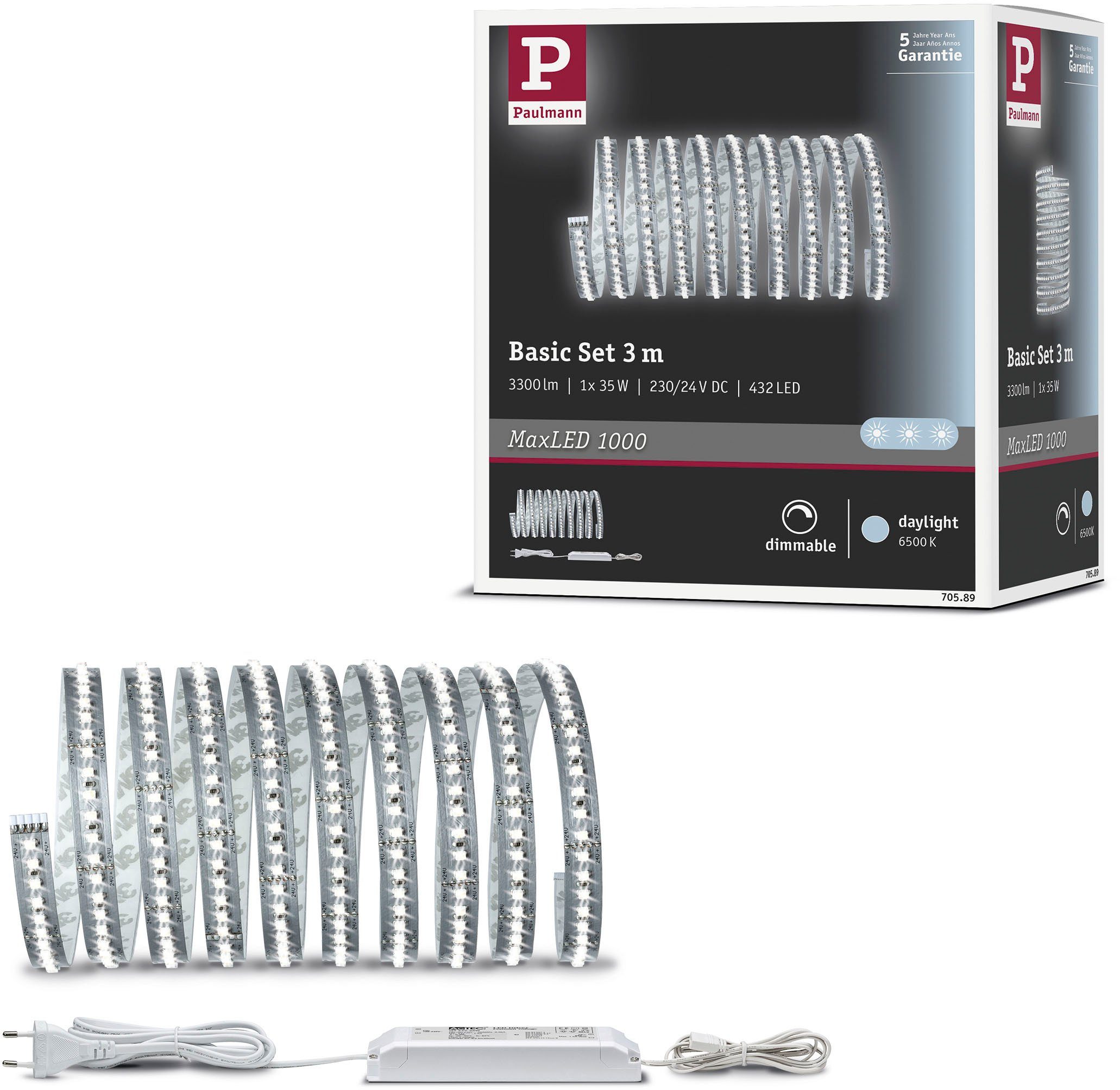 Paulmann Basisset 1-flammig, Tageslichtweiß MaxLED 3m 1000 35W 1100lm/m 6500K, unbeschichtet LED-Streifen Basisset,