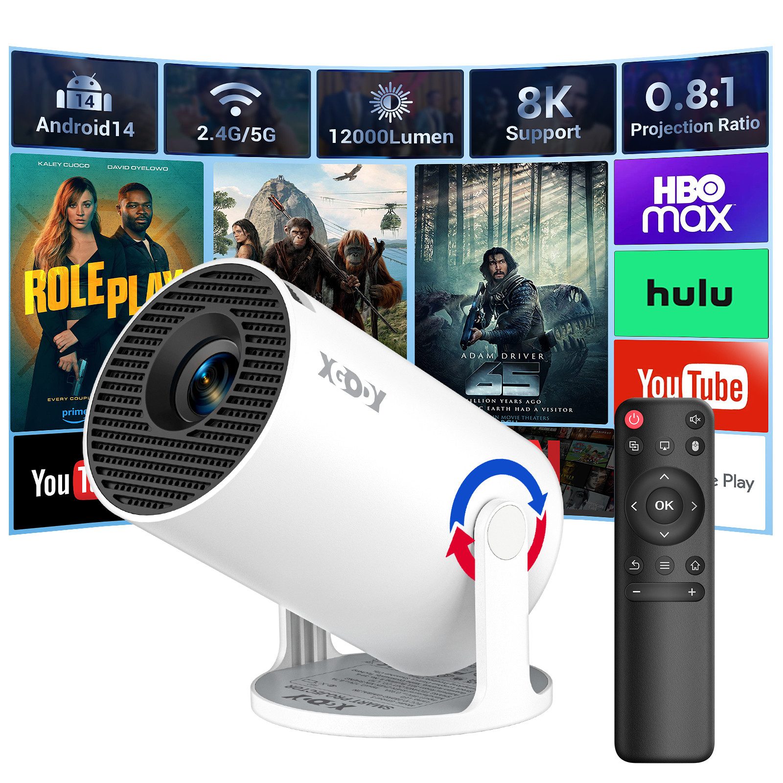 XGODY Auto Trapezkorrektur Android 14 Wifi6 BT 5 Portabler Projektor LCD-Beamer (12000 lm, 8000:1, 3840 x 2160 px, 4K Beamer WiFi6 & BT 5.4 Portabler Projektor Mini Beamer)