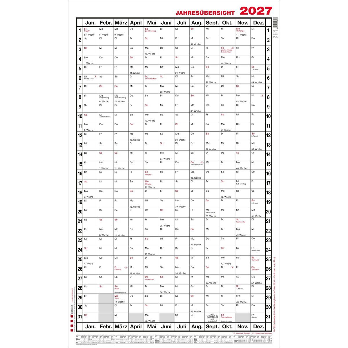 GÜSS Kalender Jahresplaner Jahresübersicht A1 hoch 12 Monate Kalendarium 2027