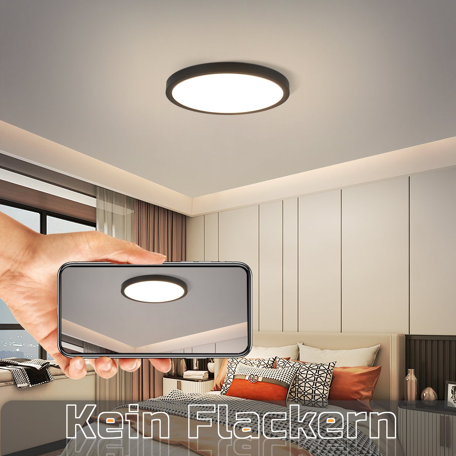 * 22 Deckenbeleuchtung für Küche 15W, Nettlife 22 IP44 Rund, Flur, CM LED integriert, Panel Wasserdicht, LED 2.5 Schwarz * Neutralweiß, fest Deckenlampe Badezimmer Schlafzimmer Flach