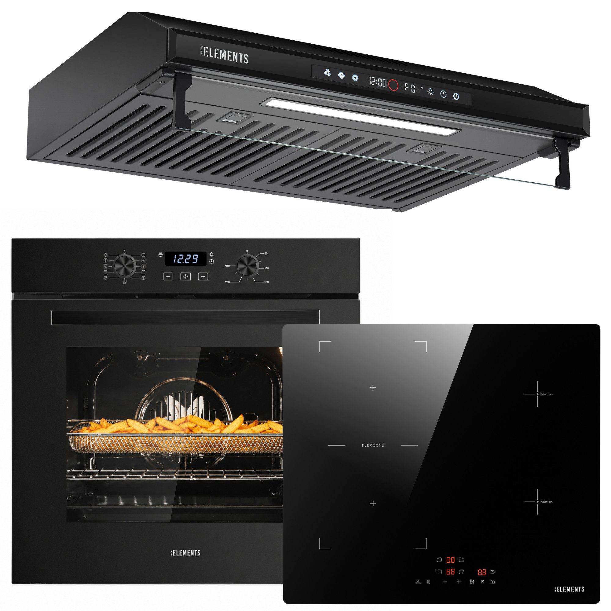 KB Elements Backofen-Set Einbaubackofen 60 cm mit 4-Zonen Induktionskochfeld 60cm, Steam Clean, Air Fry, Steam Clean, Circle Fan Heater, 2 x Flexzonen