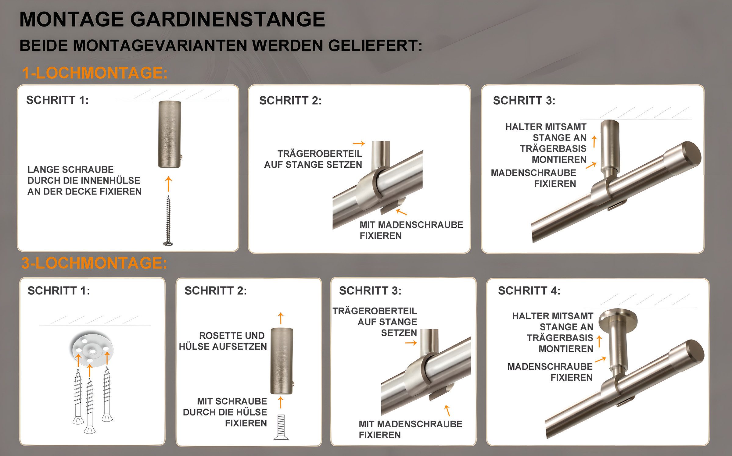 iso-design Gardinenstange Set zur Montage an der Decke mit 20 mm Durchmesser 1-läufig, Ø 20 mm, 1-läufig, Deckenmontage, geschraubt, Aluminium, Variabler Decken – Bild 4 von 5