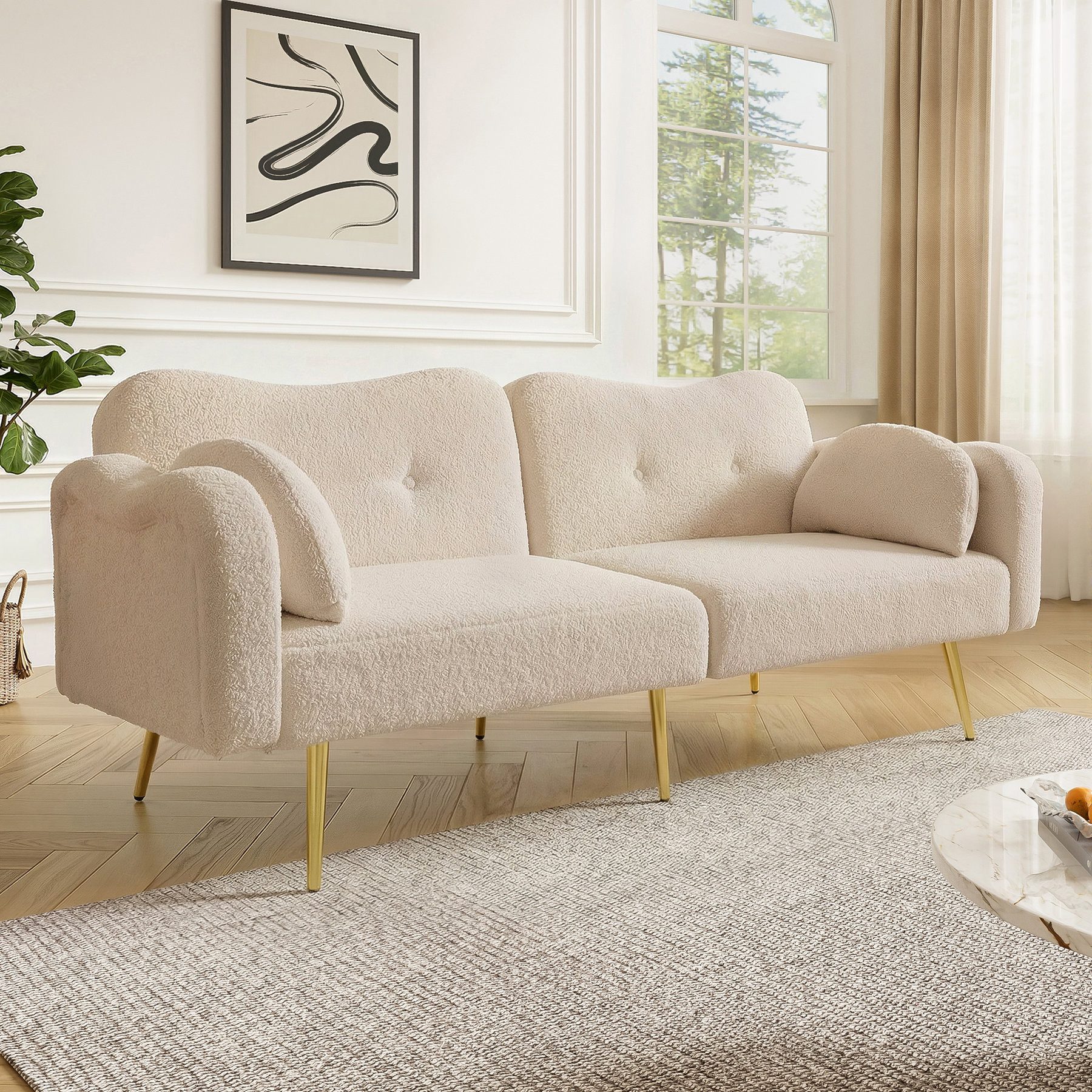 Odikalo Schlafsofa 2-Sitzer Schlafcouch Loungesofa Tagesbett mit Schlaffunktion, Zweisitzer-Sofabett-Modernes Zweisitzersofa mit verstellbarer Rückenlehne+vergoldeten Metallfüßen integrierter Bettfunktion Multifunktionales 2-in-1-Möbelstück