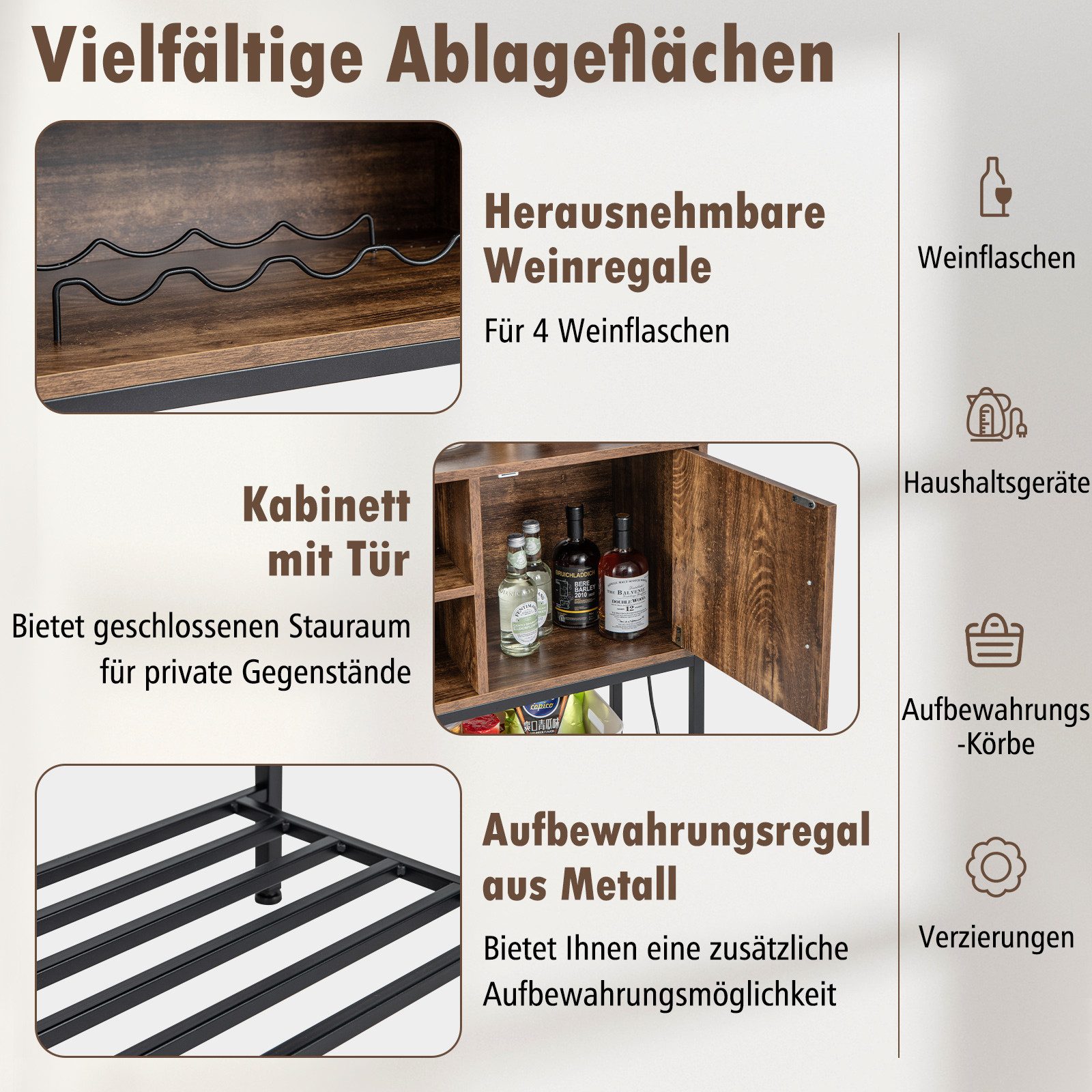 KOMFOTTEU Weinschrank mit abnehmbarem Weinregal, 100 × 35 × 83 cm