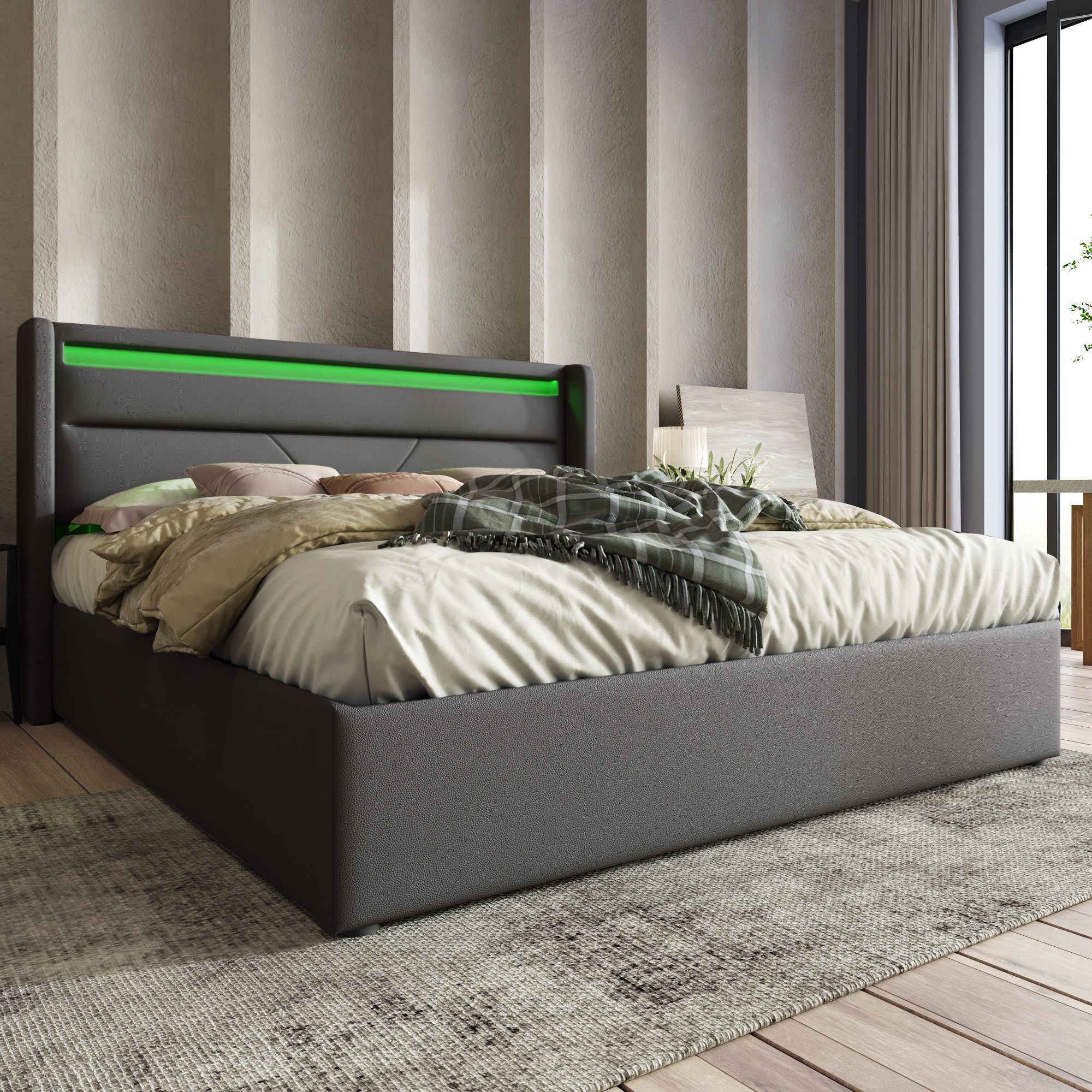 Flieks Polsterbett, LED Hydraulisches Stauraumbett Kunstleder 140x200cm günstig online kaufen