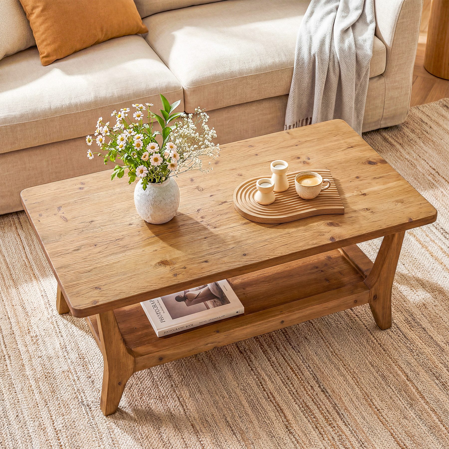 Tribesigns Couchtisch 120 cm Sofatisch, Wohnzimmertisch mit Ablagefläche, 2 Ebenen