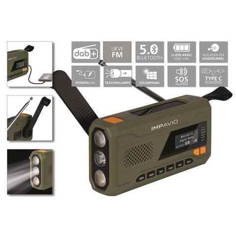 IMPAVIO DAB 1 DAB+/UKW Kurbelradio / Outdoorradio Bluetooth SOS Digitalradio (DAB) (mit Taschenlampe, Solarzellen, Powerbankfunktion, SOS Warnfunktion und Bluetooth Streaming, 2 W, Empfang über DAB+, DAB, FM, AM, Sleeptimer, Batterieladeanzeige)