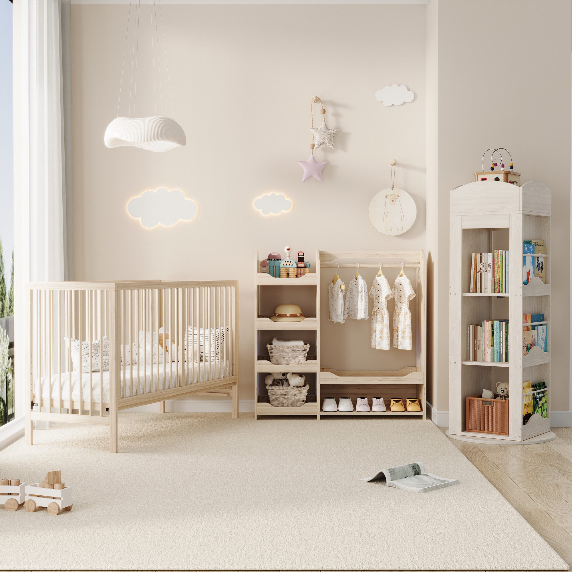 OKWISH Schlafzimmer-Set Kinder-Kombi-Möbel, (Jugendzimmer-Möbelset, 3-tlg., Massivholz + MDF), Holz-Babybett + Schrank + Drehbares Bücherregal