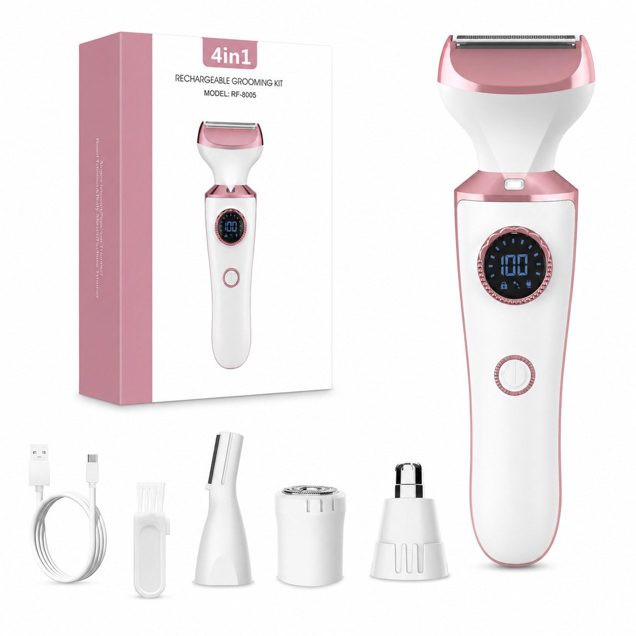 XEOOCE Epilierer Damenrasierer, 4-in-1, Elektrisch, USB-C, Körper & Gesicht, Trimmer, Aufsätze: 4 St., Haarentferner + 4 Aufsätze + Typ-C-Kabel + Anleitung, 4-in-1, wasserdicht, Nass-/Trockenrasur, Typ-C-Ladung, LED-Display