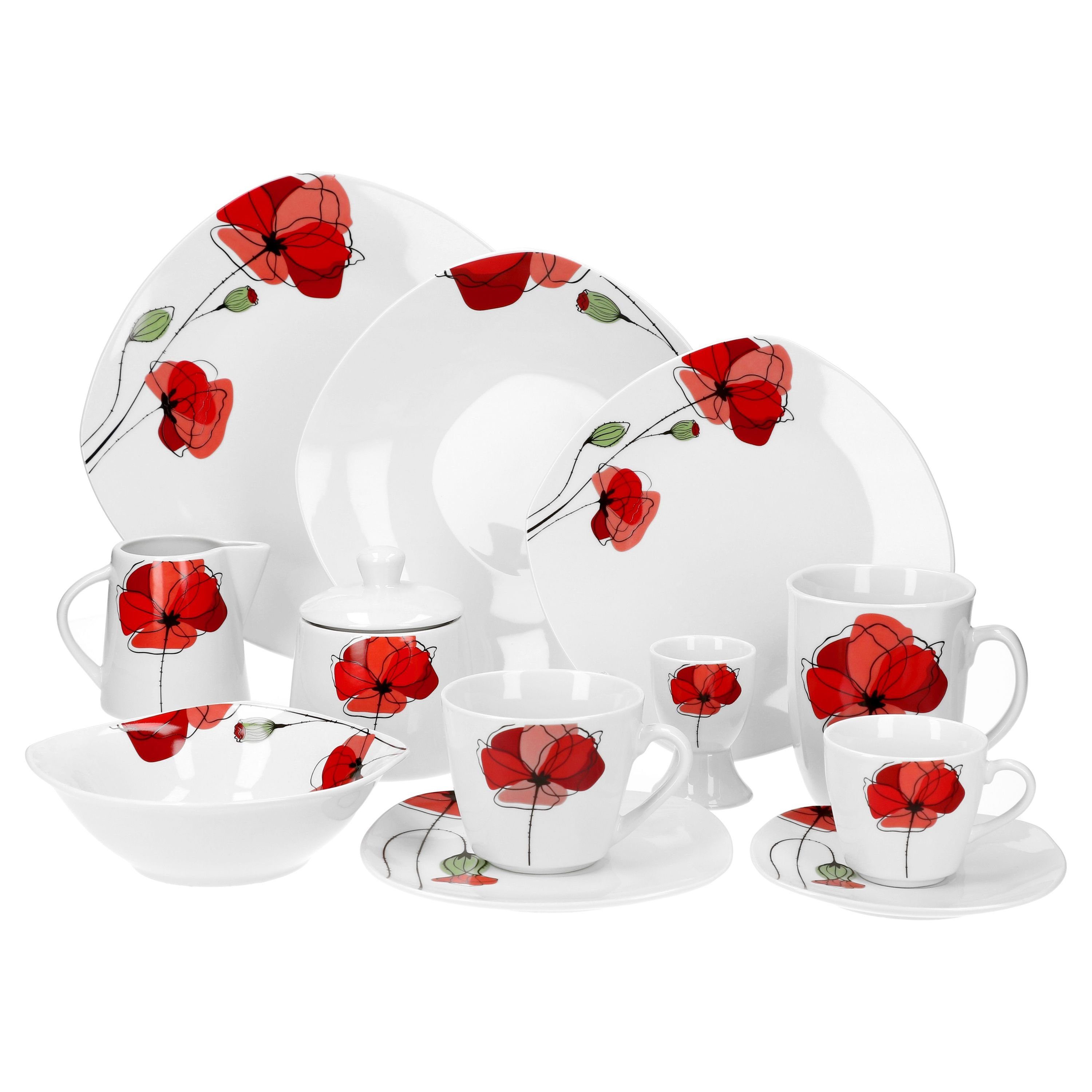 Monika Kombiservice 6 Personen Blumendekor rotes weiß 62tlg. Porzellan van Kombiservice Well