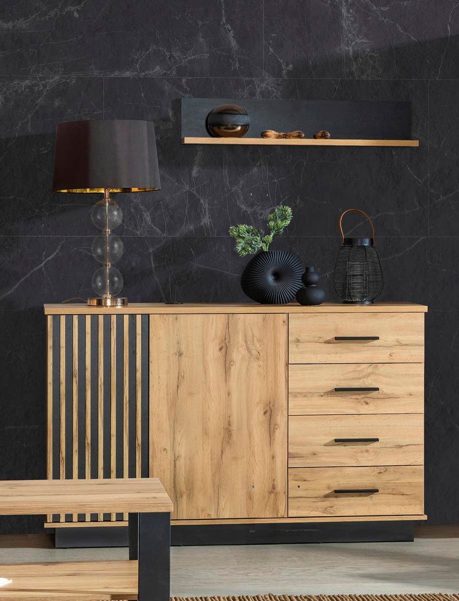Compleo Kommode mit 4 Schubladen und 2 Türen PUCCI, Sideboard eiche wotan/schwarz, Fronten gefräst