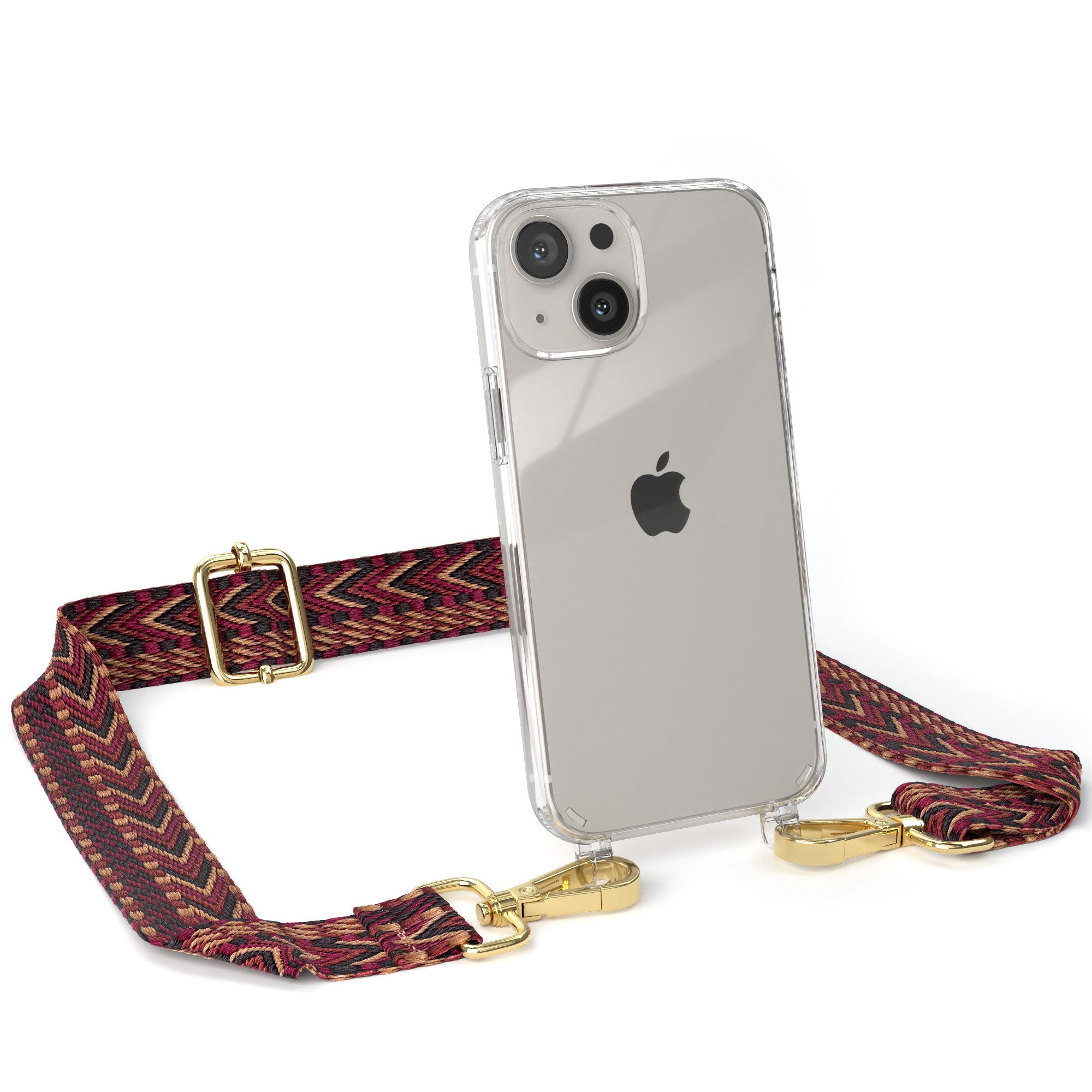 EAZY CASE Handykette Boho Umhängeband für Apple iPhone 13 Mini 5,4 Zoll, dünner Riemen Silikon Hülle zum Umhängen Umhängetasche schmal Etui Rot