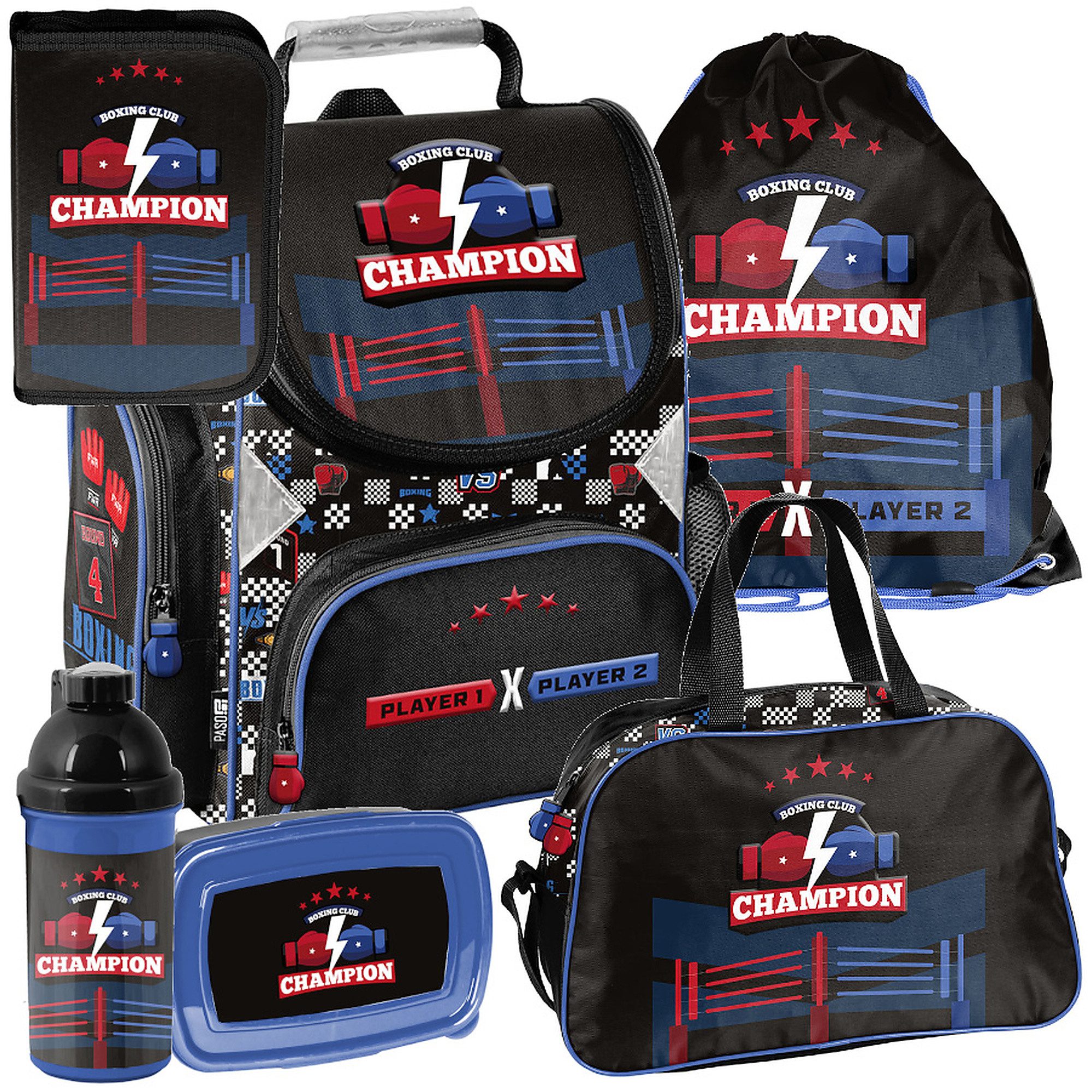 PASO Schulrucksack Mega-Set Boxing Club Champion Schulset 6tlg. (Rucksack + Turnbeutel + Federmäppchen + Lunchbox + Trinkflasche + Sporttasche, 6-tlg)