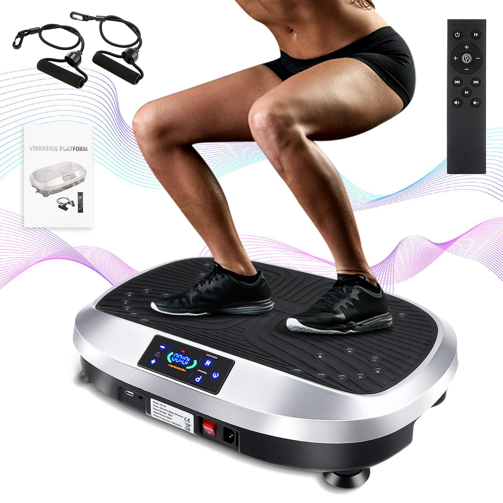 Vibrationsplatte Ganzkörper, 3D Fitnessgeräte mit 2 Bändern & Fernbedienung