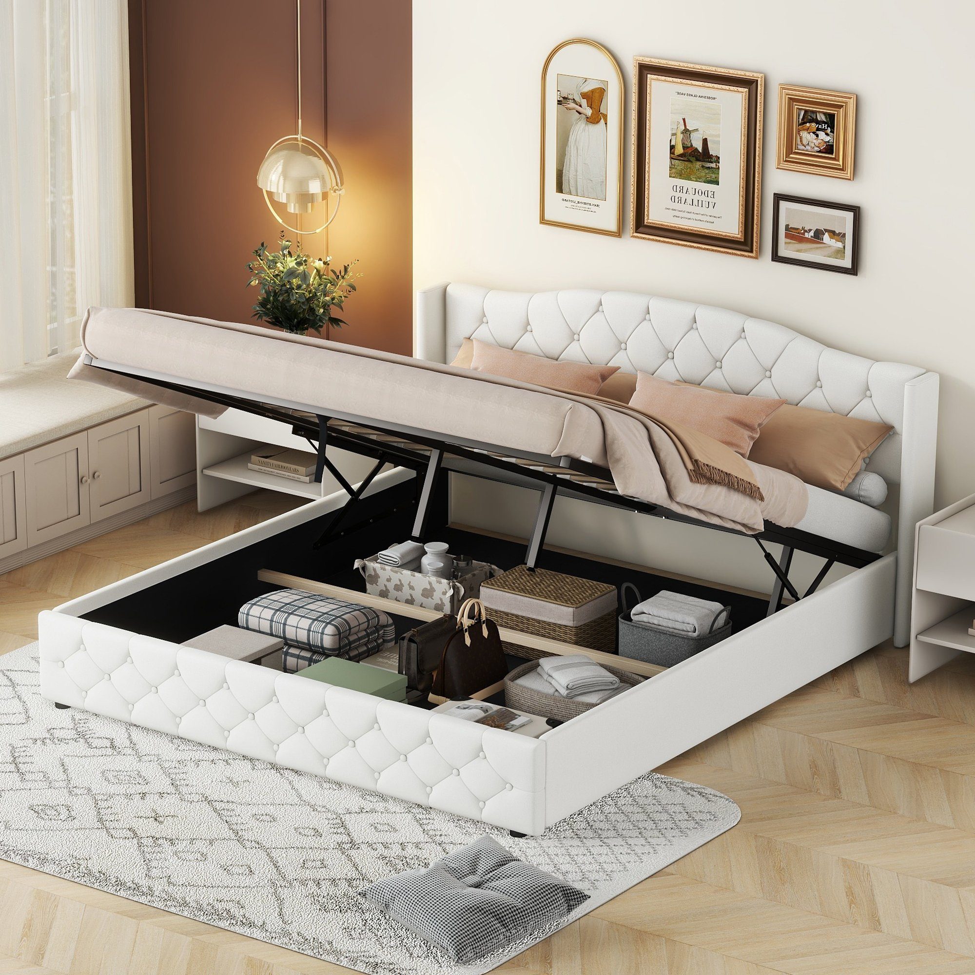 OKWISH Polsterbett Funktionsbett Doppelbett Bett Stauraumbett (180 x 200cm Multifunktionales Flachbett, mit hydraulischer Lagerung), Ohne Matratze Weiß | Polsterbetten