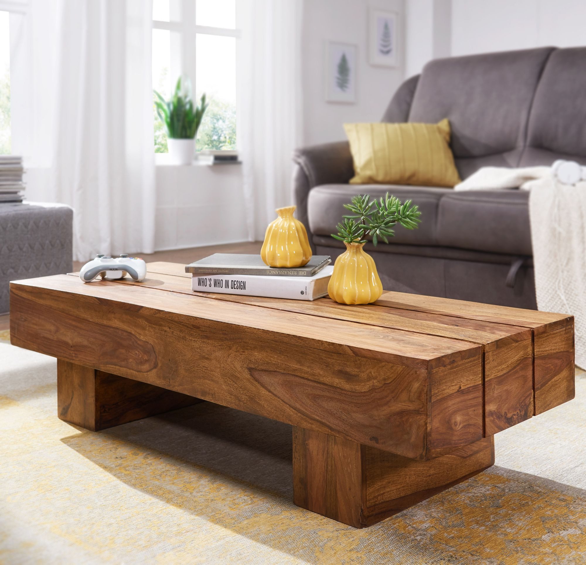 FINEBUY Couchtisch SuVa1490_1 (Sheesham Massivholz, 120x45x30cm Rechteckig Modern), Großer Wohnzimmertisch, Sofatisch Kaffeetisch