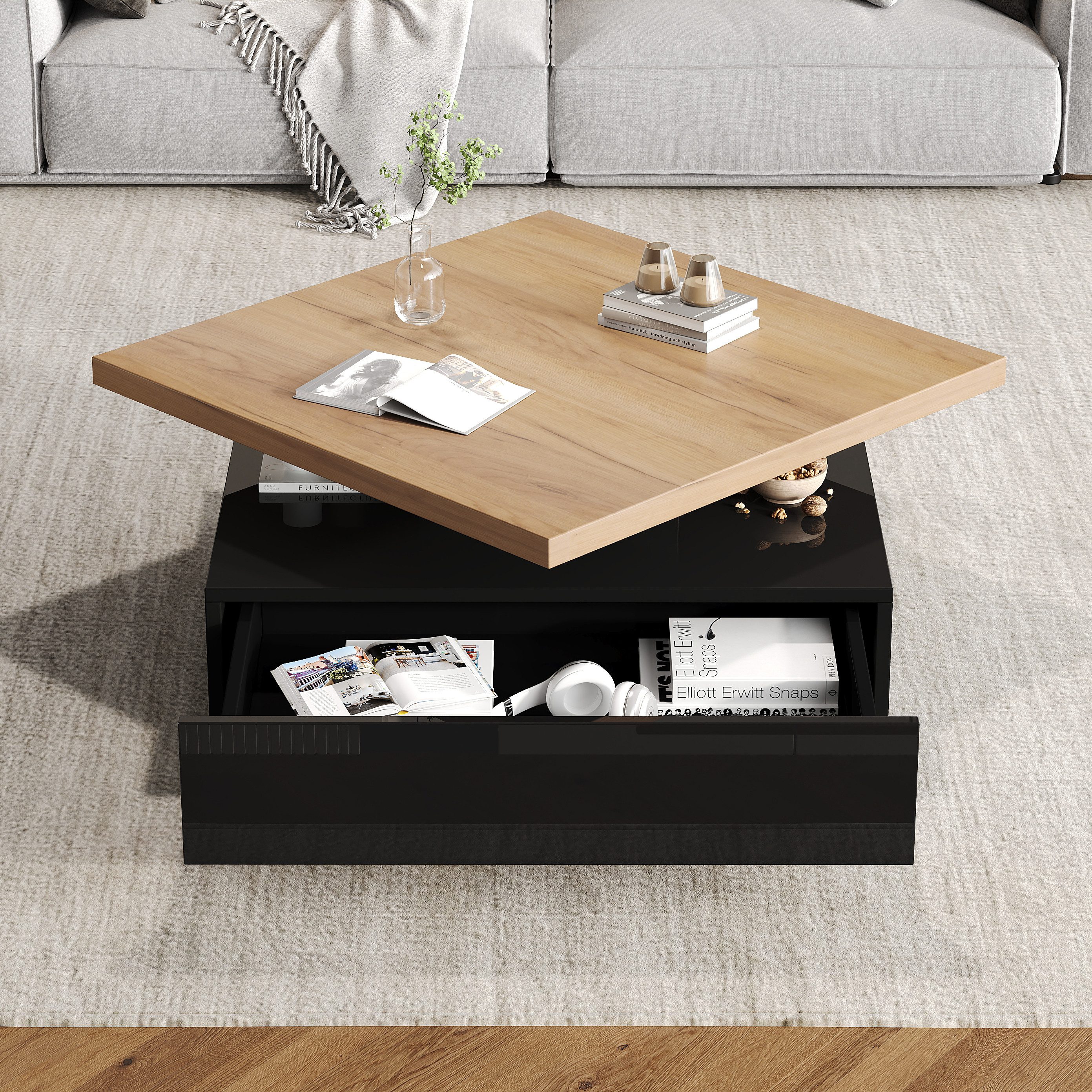 Merax Couchtisch mit versteckten Schubladen und 360° schwenkbarer Arbeitsfläche (Wohnzimmer, Kaffeetisch, 70x70x36cm), hochglänzend Beistelltisch mit geometrische Design und Sockel