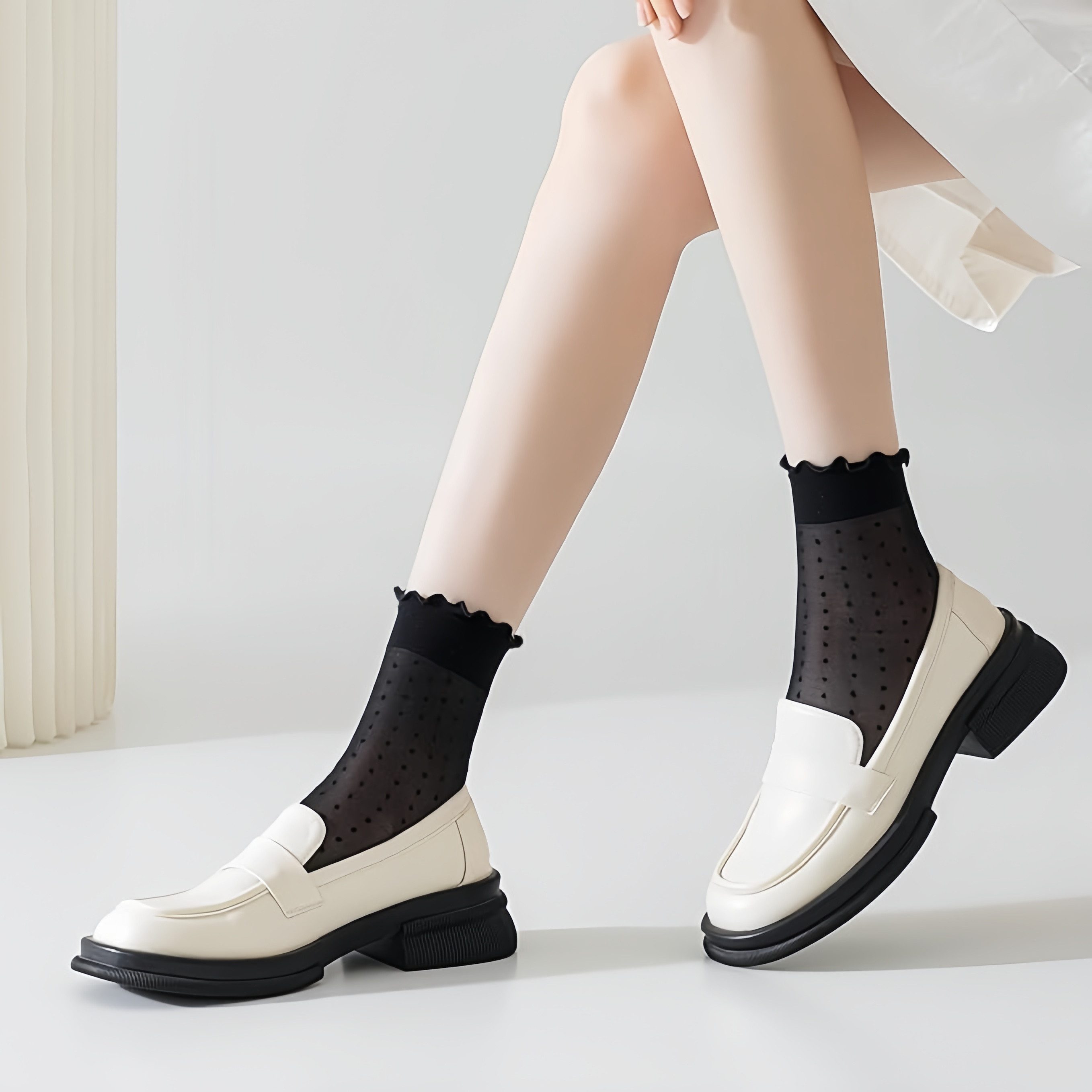 FOUORTUNATE-BEE Freizeitsocken Damen Socken transparent mit Punkten Spitze dünn Sommer 12 Paar Set Feine Damen Socken Set Büro Freizeit Alltag leicht modisch bequem