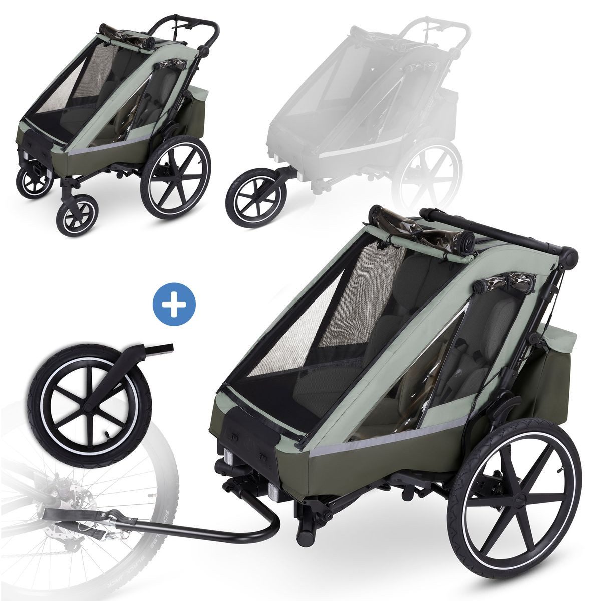 ABC Design Fahrradkinderanhänger Tour 2 für - Olive, 3in1 Fahrradanhänger, Kinderwagen & Jogger für 2 Kinder inkl. Luftrad