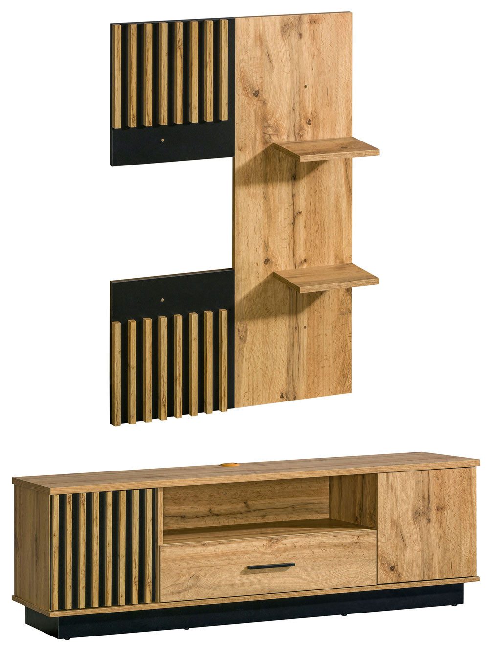 Feldmann-Wohnen TV-Wand Lamia, (Lowboard stehend & hängend montierbar, Wandpaneel mit 2 Ablageflächen, 2-St., Kunststoffgriffe in schwarz, Front mit dekorativen Lamellen), 2-türig Eiche Wotan schwarz