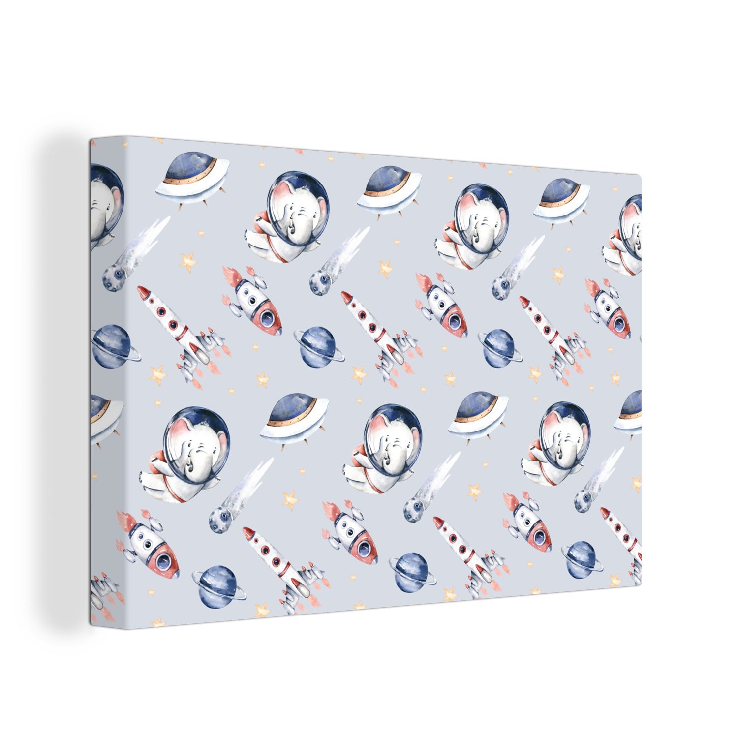OneMillionCanvasses® Leinwandbild Muster - Elefant - Rakete - Jungen - Mädchen - Kinder - Mädchen, (1 St), Wandbild Leinwandbilder, Aufhängefertig, Wanddeko, 30x20 cm