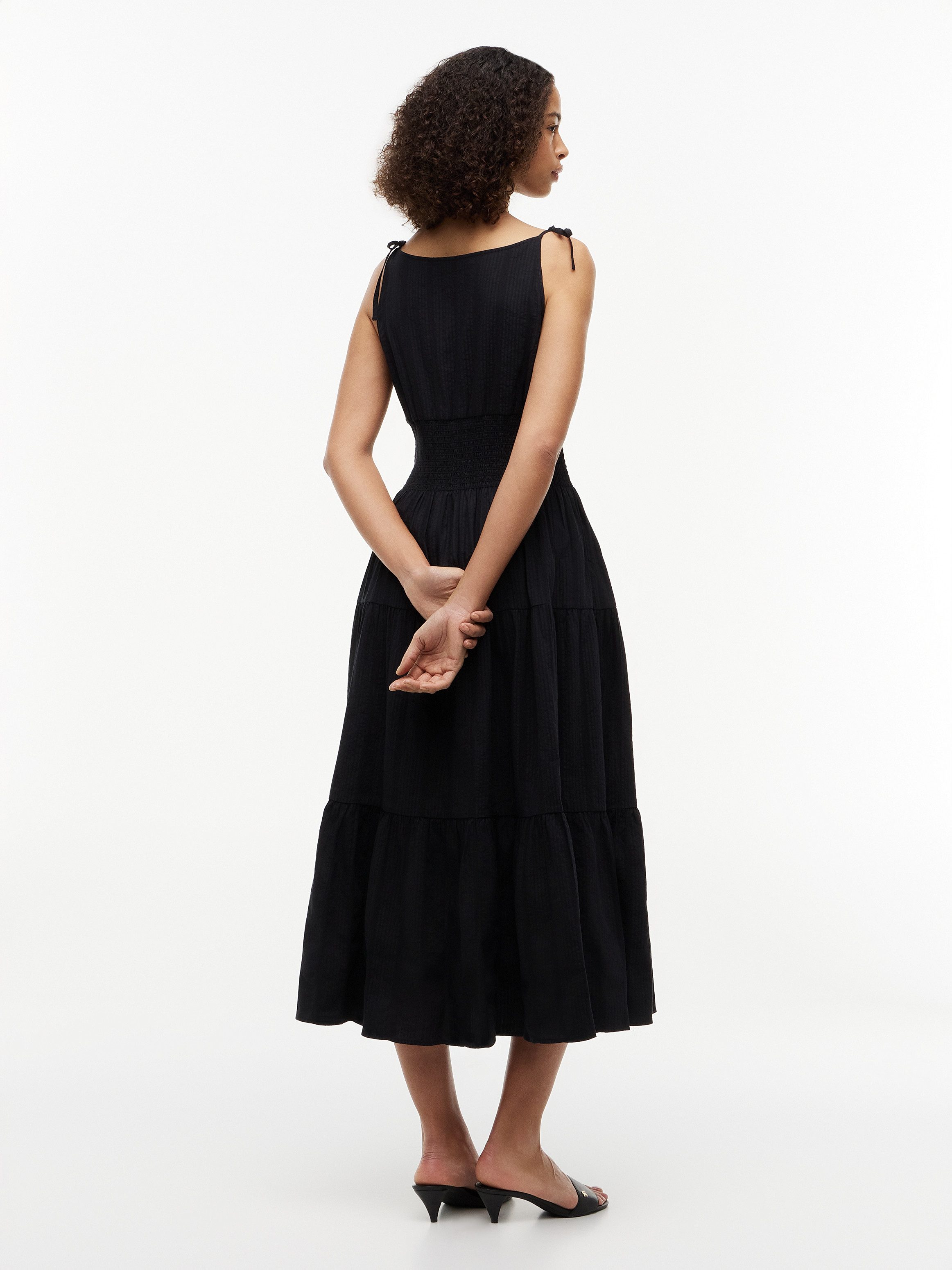 Tommy Hilfiger Trägerkleid SMOCK TIE NS MIDI DRESS Baumwollmischung, Smok-Einsatz