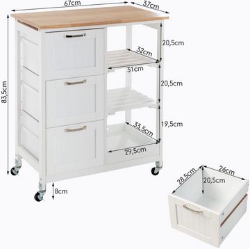 KOMFOTTEU Küchenwagen, mit 3 Schubladen & 3 Ablagen, 67 x 37 x 83,5, weiß