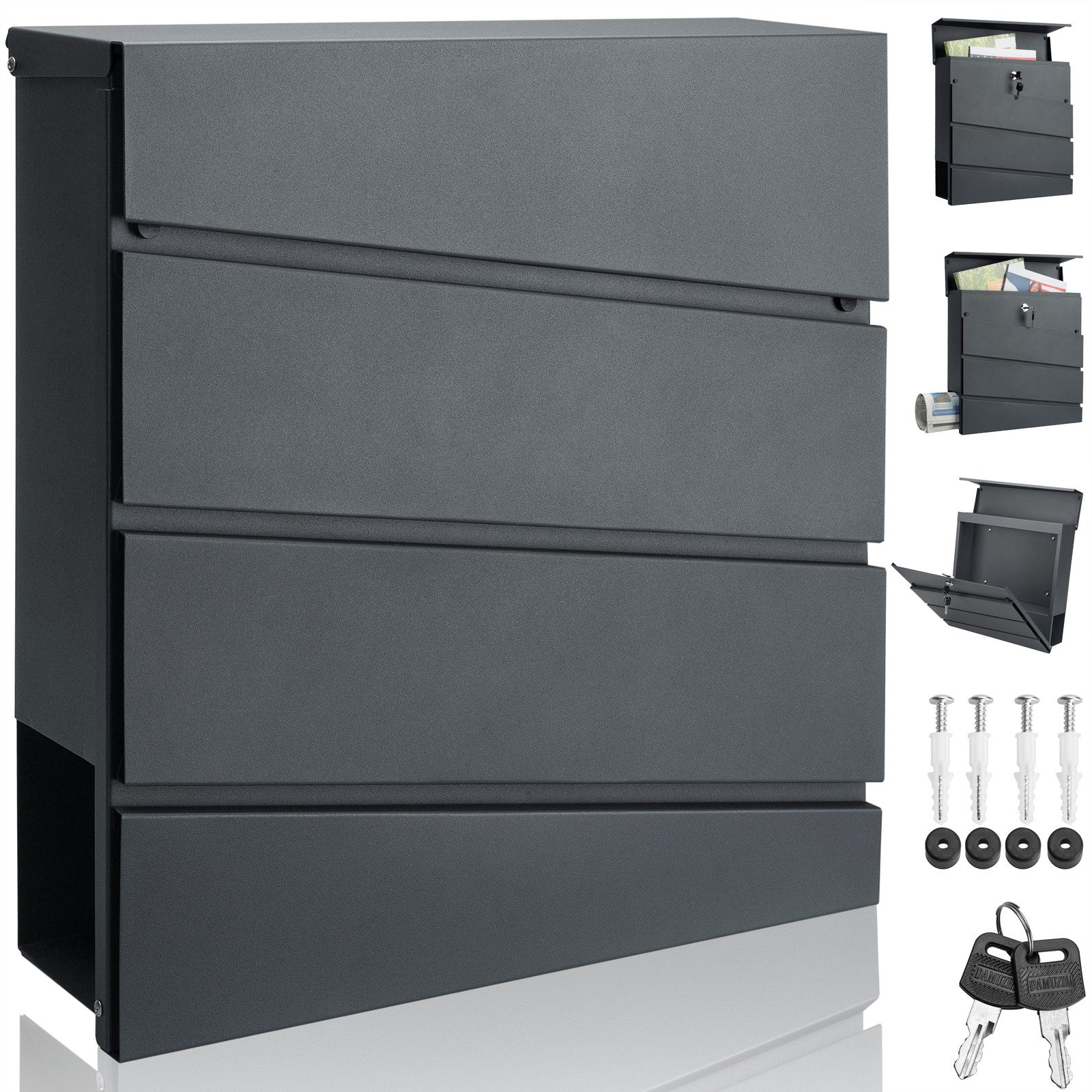 monzana Wandbriefkasten, Design Stahl anthrazit mit Zeitungsfach 2 Schlüssel Wandbriefkasten