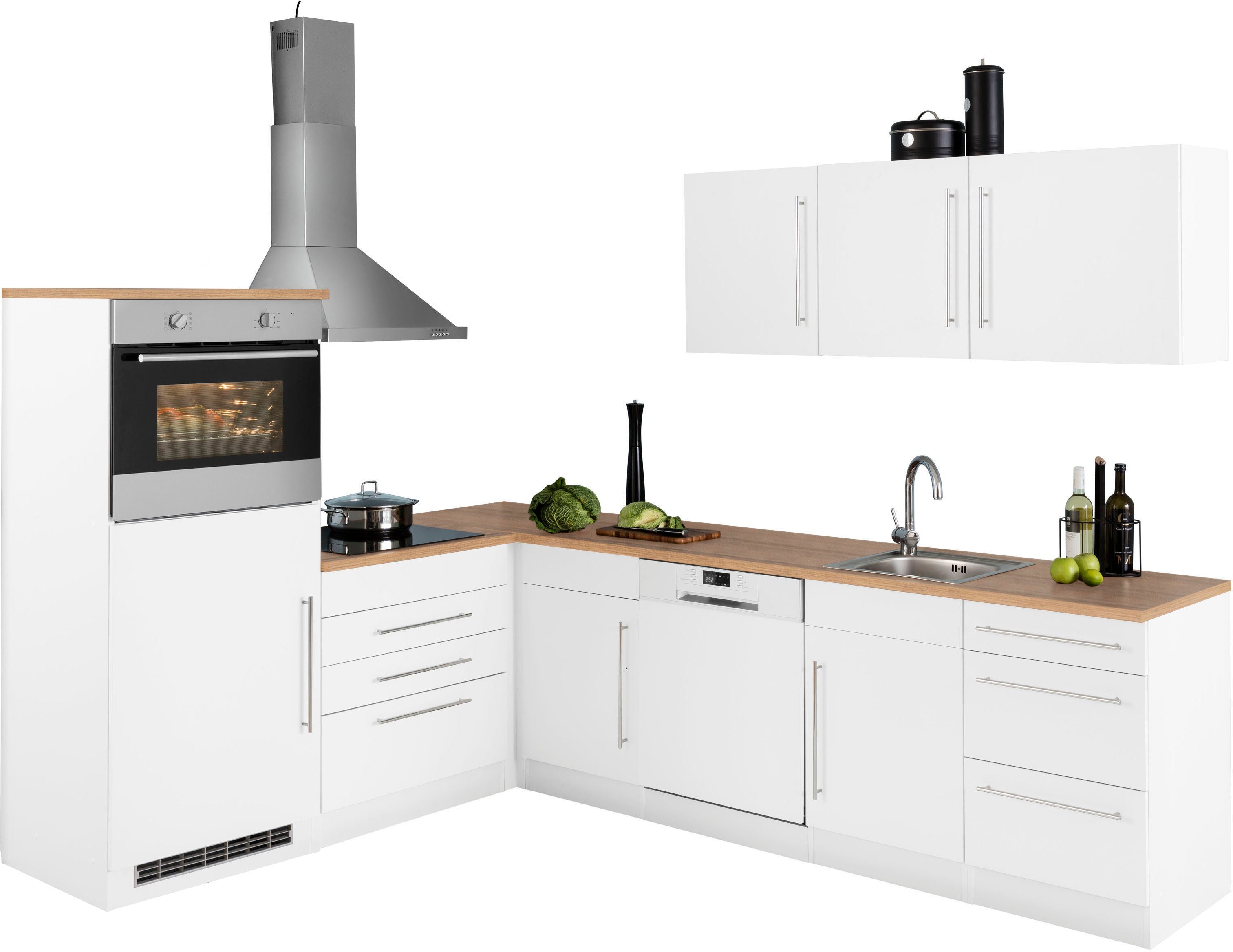 HELD MÖBEL Winkelküche Samos, mit E-Geräten, Stellbreite 200/270 cm weiß/wotaneichefarben | weiß | L-Küchen