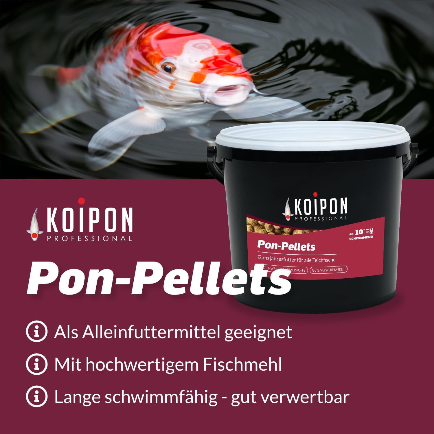 KOIPON KOIPON Pon-Pellets 3mm Ganzjahresfutter für Koi & Goldfische, Trockenfutter für: Koi, Teichfische, Goldfische, Made in Germany