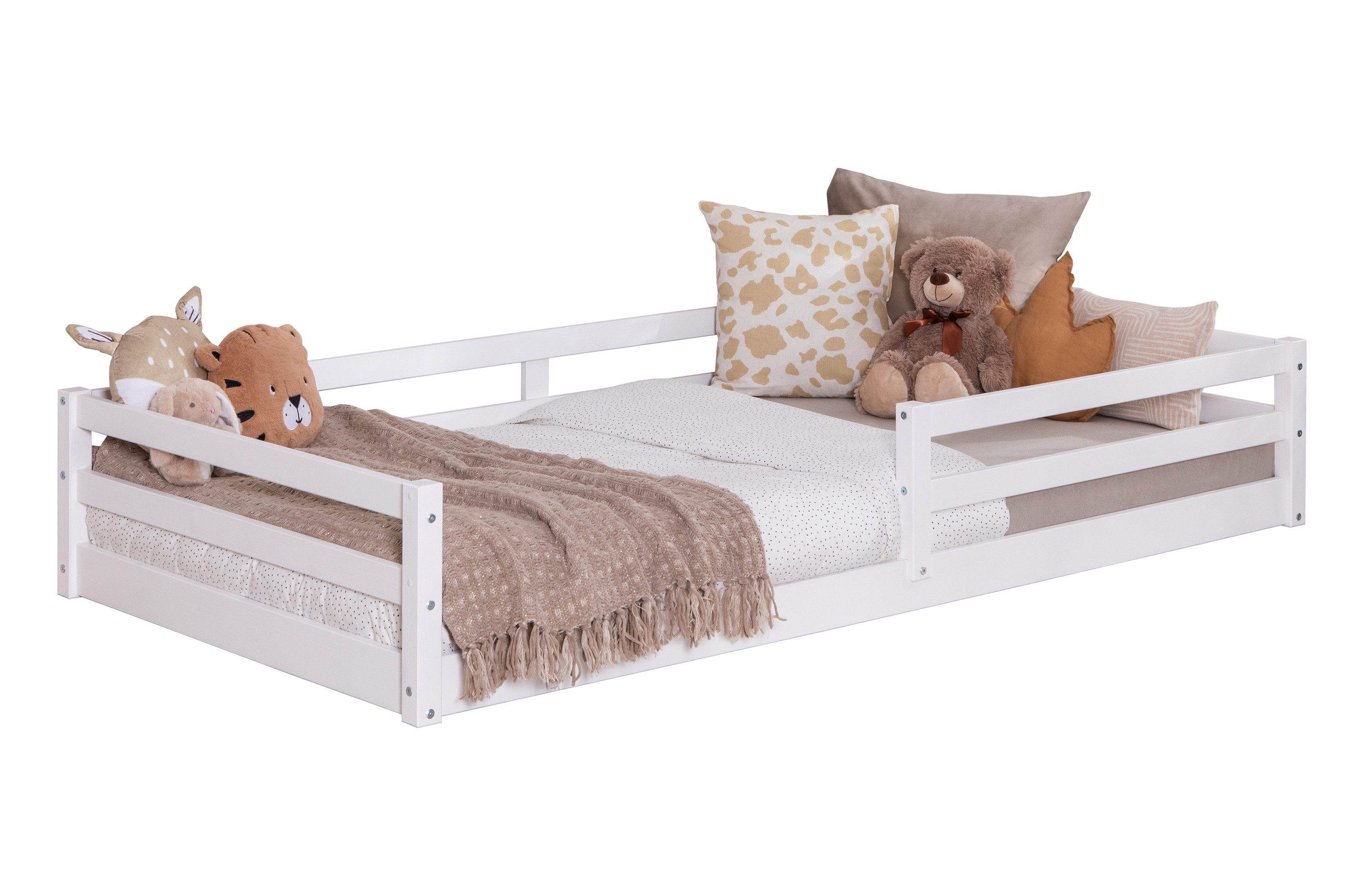 Ticaa Kinderbett Neo Hausbett Bodenbett mit Rausfallschutz 150kg (90x200 aus Kiefer Massivholz), inkl. stabilem Roll-Lattenrost, Weiß