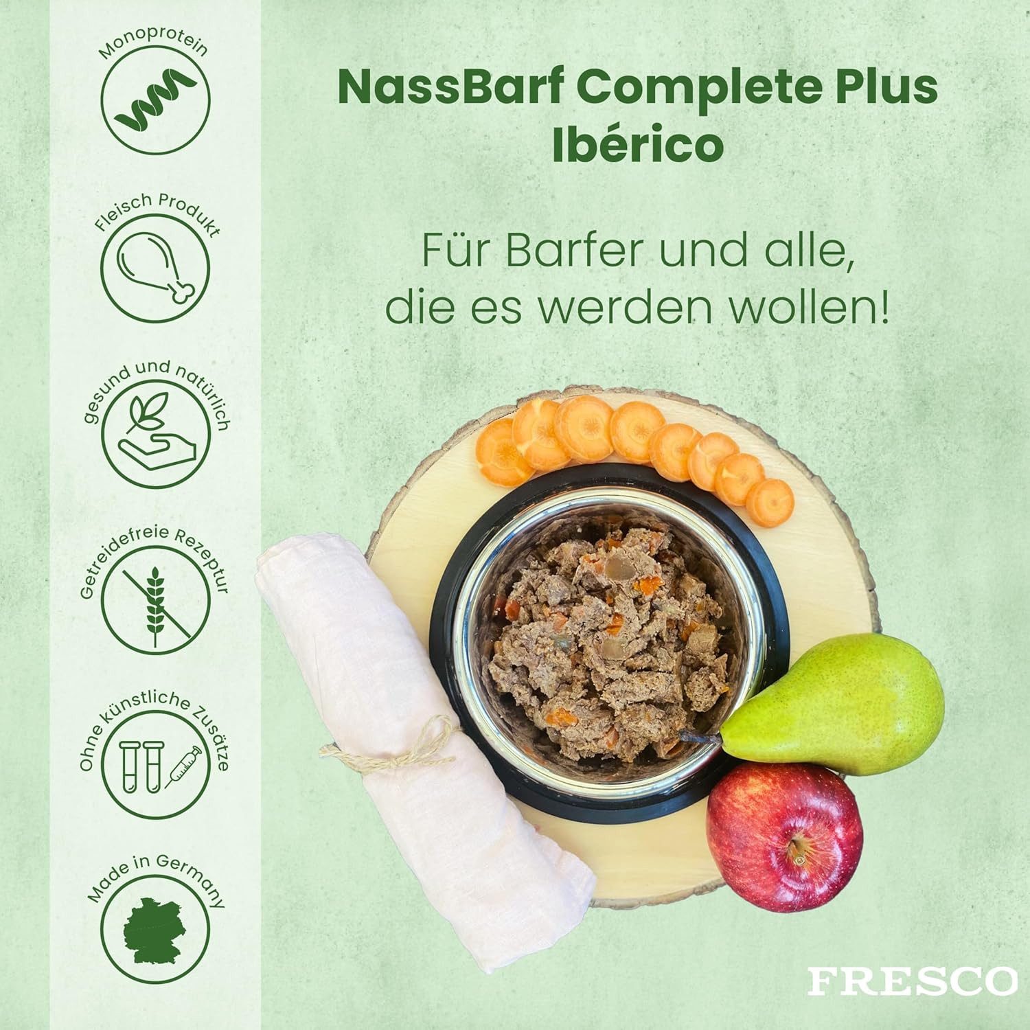 Fresco Dog NassBarf Hypoallergenes Hundefutter Nass 12x400g, Ibérico Schwein, Nassfutter für: Hunde, Getreidefrei & hochverträglich