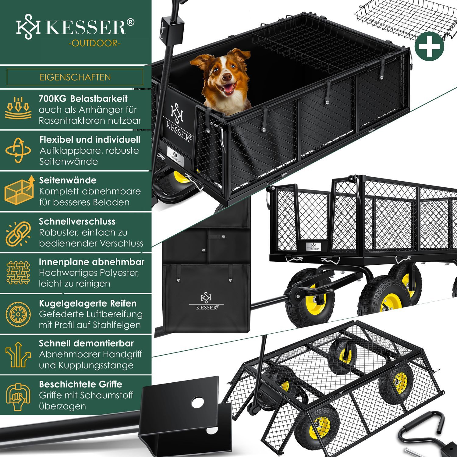 KESSER Garden Wagon, Handcart, Transport Wagon, 700kg Load Capacity, Garden Cart (Versatile Handcart, Includes Gloves + Shelf), Includes Removable Tarpaulin, Pneumatic Tires, Equipment Cart