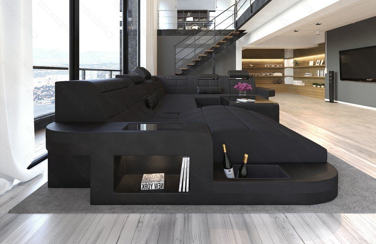 Bettfunktion Mikrofaser wahlweise XXL Sofa Strukturstoff schwarz-schwarz M mit Couch Wohnlandschaft Wave Sofa Polster Stoff, Dreams