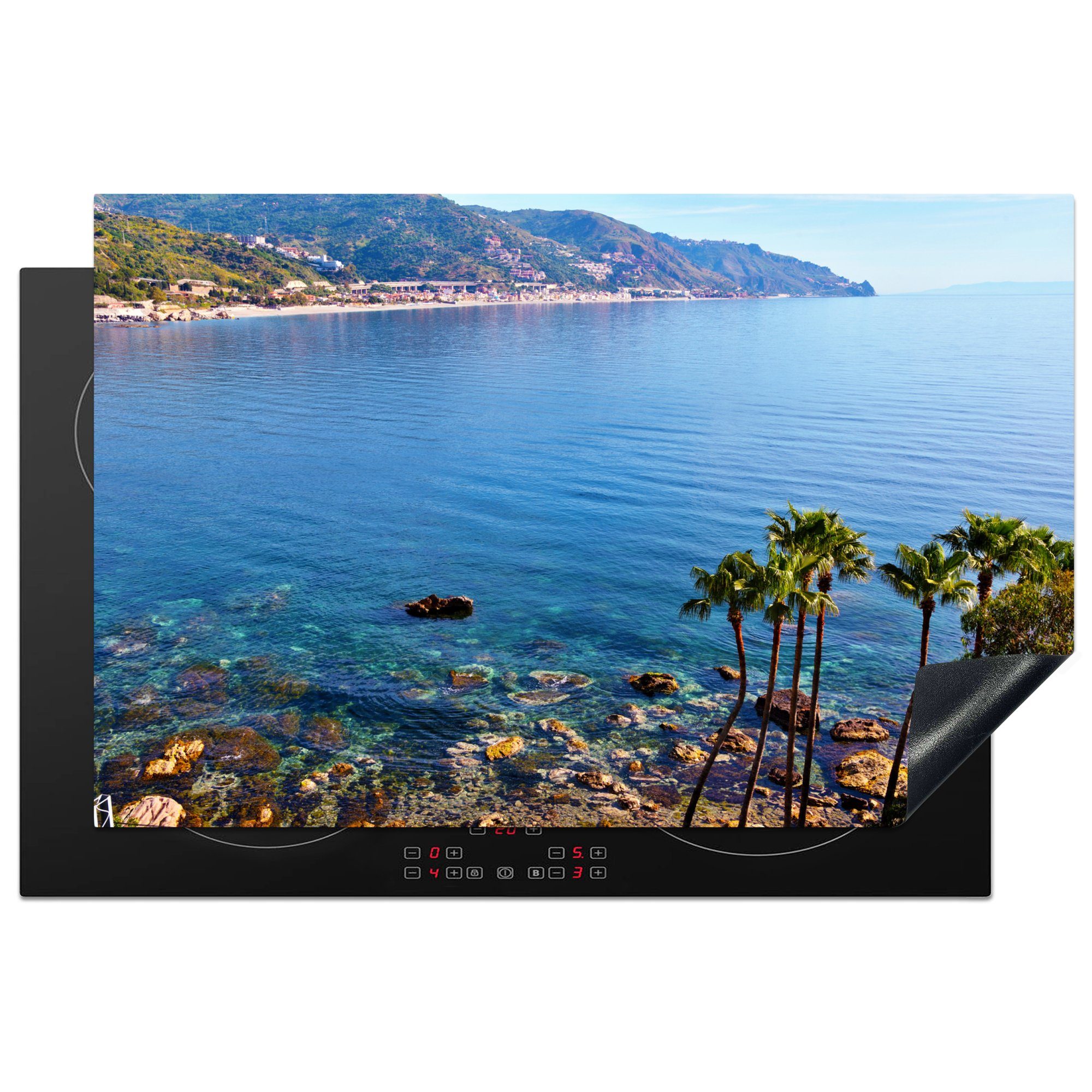 MuchoWow Herdblende-/Abdeckplatte Ein Blick auf das Meer von Sizilien aus, Vinyl, (1 tlg), 81x52 cm, Induktionskochfeld Schutz für die küche, Ceranfeldabdeckung
