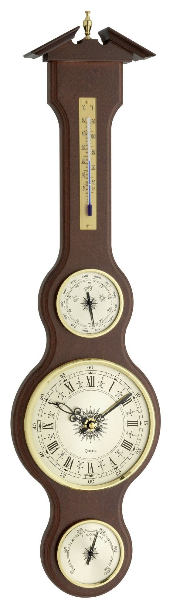 TFA Dostmann TFA 45.3004 analoge Wetterstation und Wanduhr aus Massivholz Innenwetterstation