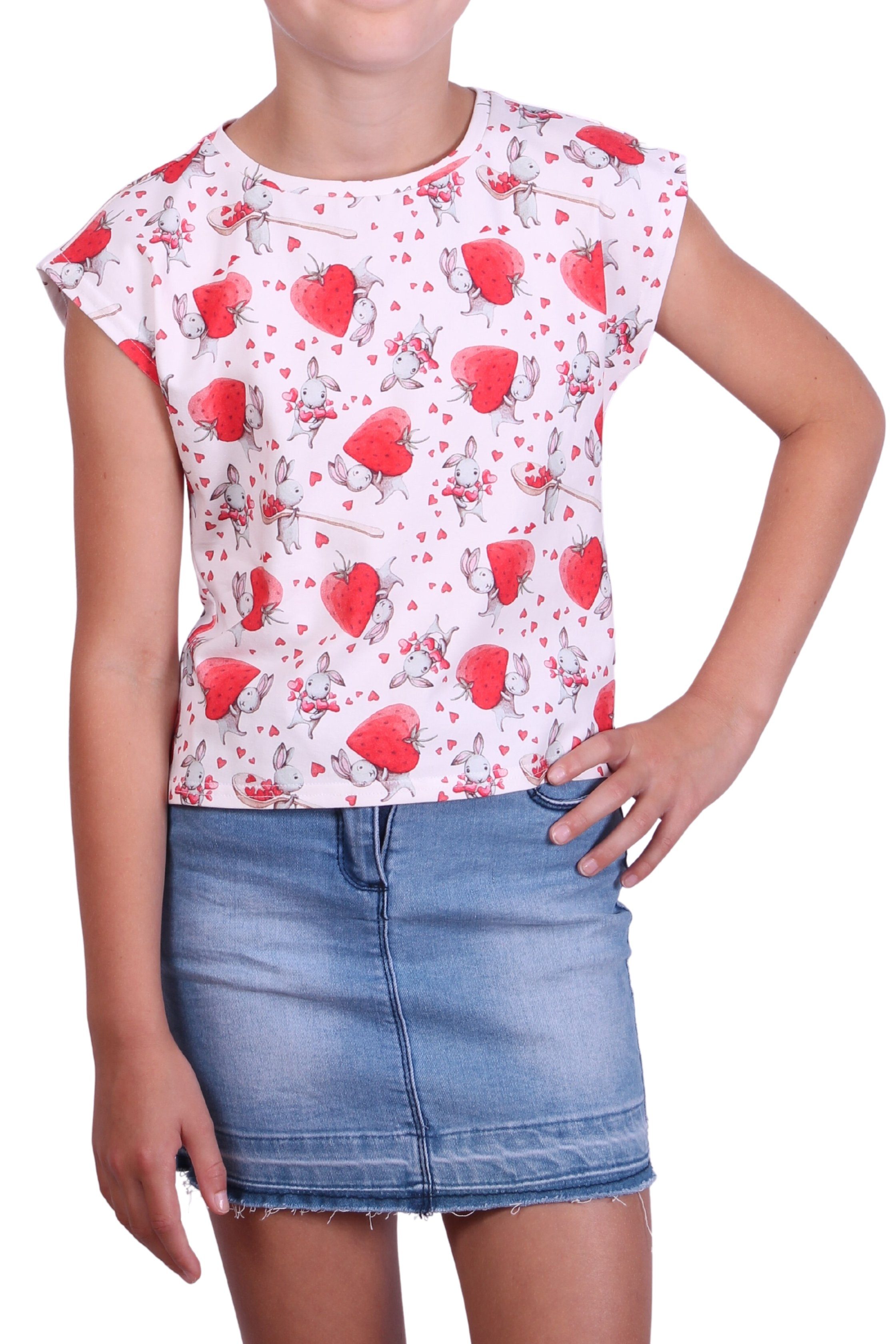 Mädchen coolismo Erdbeeren-Häschen-Motiv Rundhalsausschnitt, für T-Shirt Print-Shirt Alloverprint, mit Baumwolle
