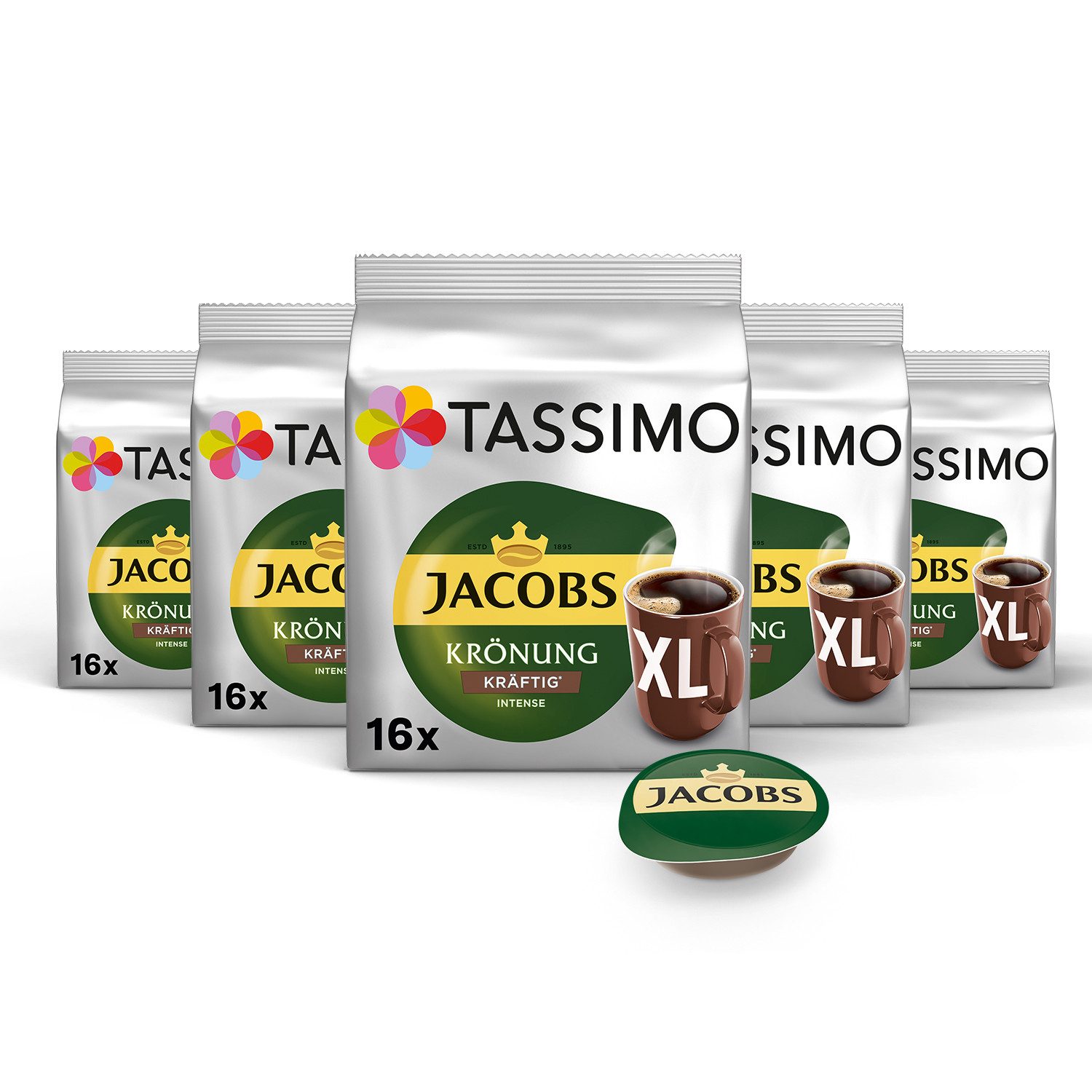 TASSIMO Kaffee Kapseln Jacobs Krönung Kräftig XL T Discs 5x16 = 80 Getränke, (Packung, 5er Pack)