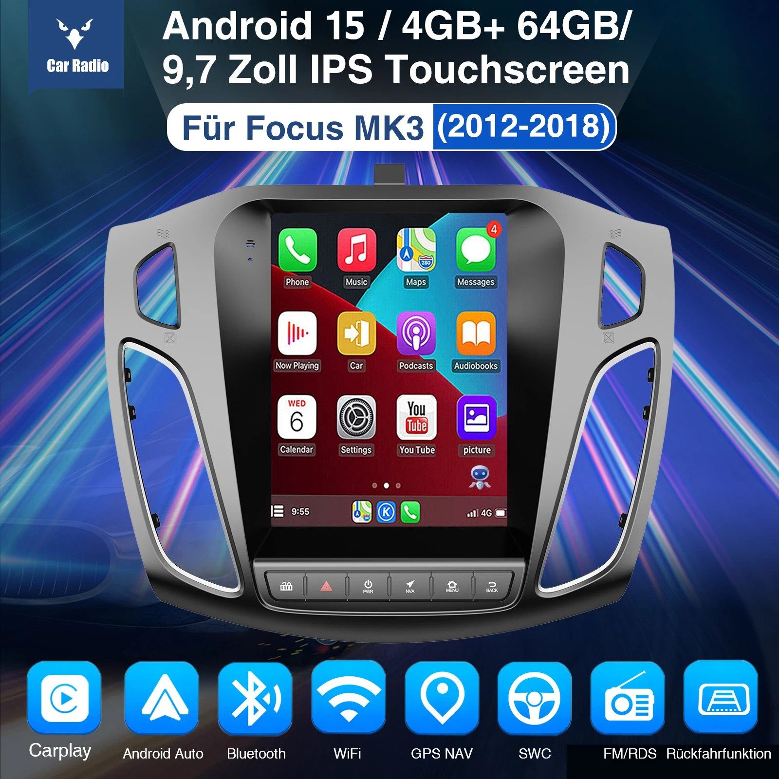 ESSGOO 9.7'' 64G DAB+ Android15 CarPlay autoradio 2 din für Ford Focus MK3 BT Navigationsgerät (Carplay Android Auto Bluetooth EQ USB GPS Navi WIFI Touchscreen) – Bild 2 von 5