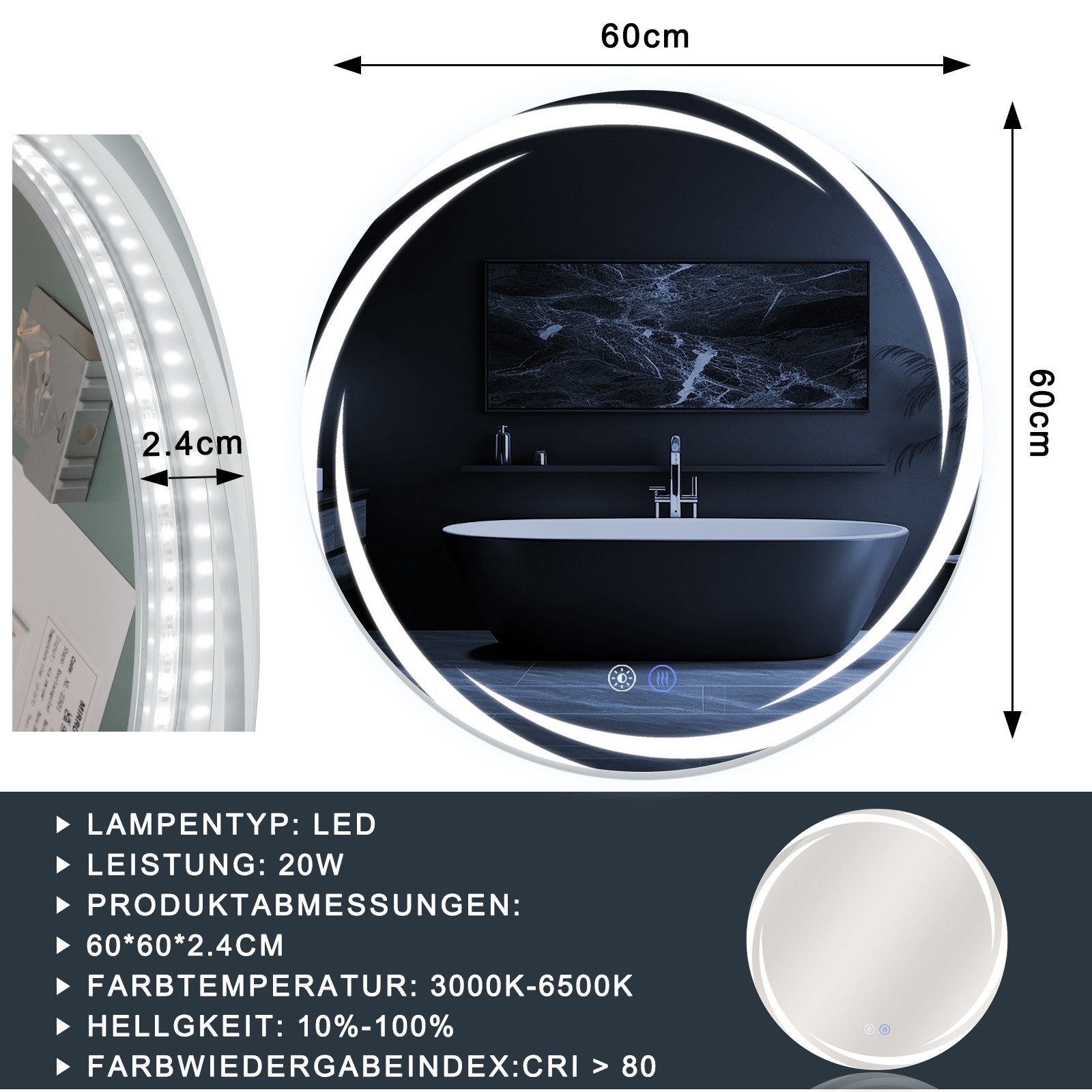 Nettlife Wandspiegel LED spiegel mit Beleuchtung Rund 50/60/70/80cm Badspiegel, zimmerspiegel mit Touch Schalter und Entfogger Funktion